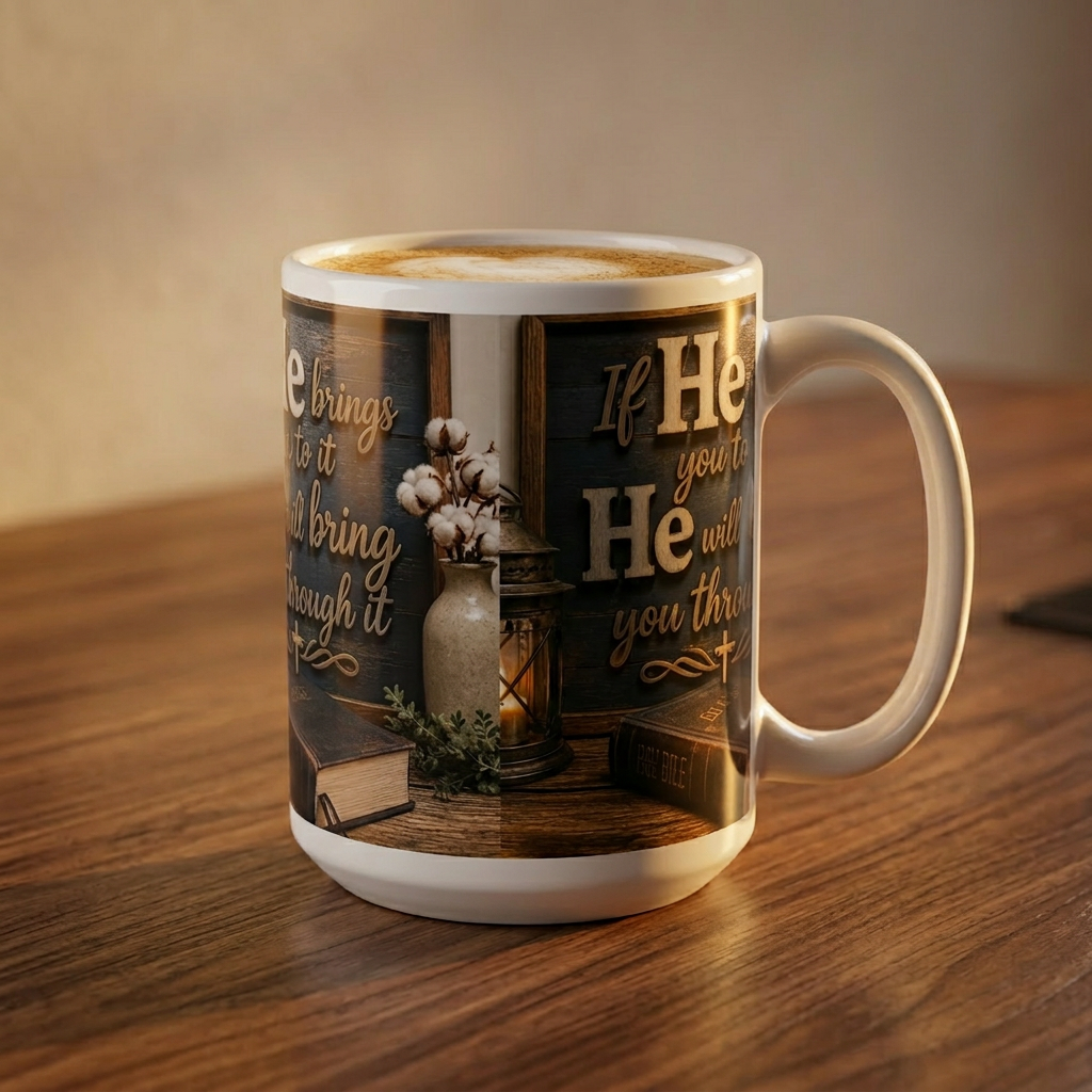 20oz Jumbo Mug — Rustic Faith Quote Coffee Cup (‘If He brings you to it"