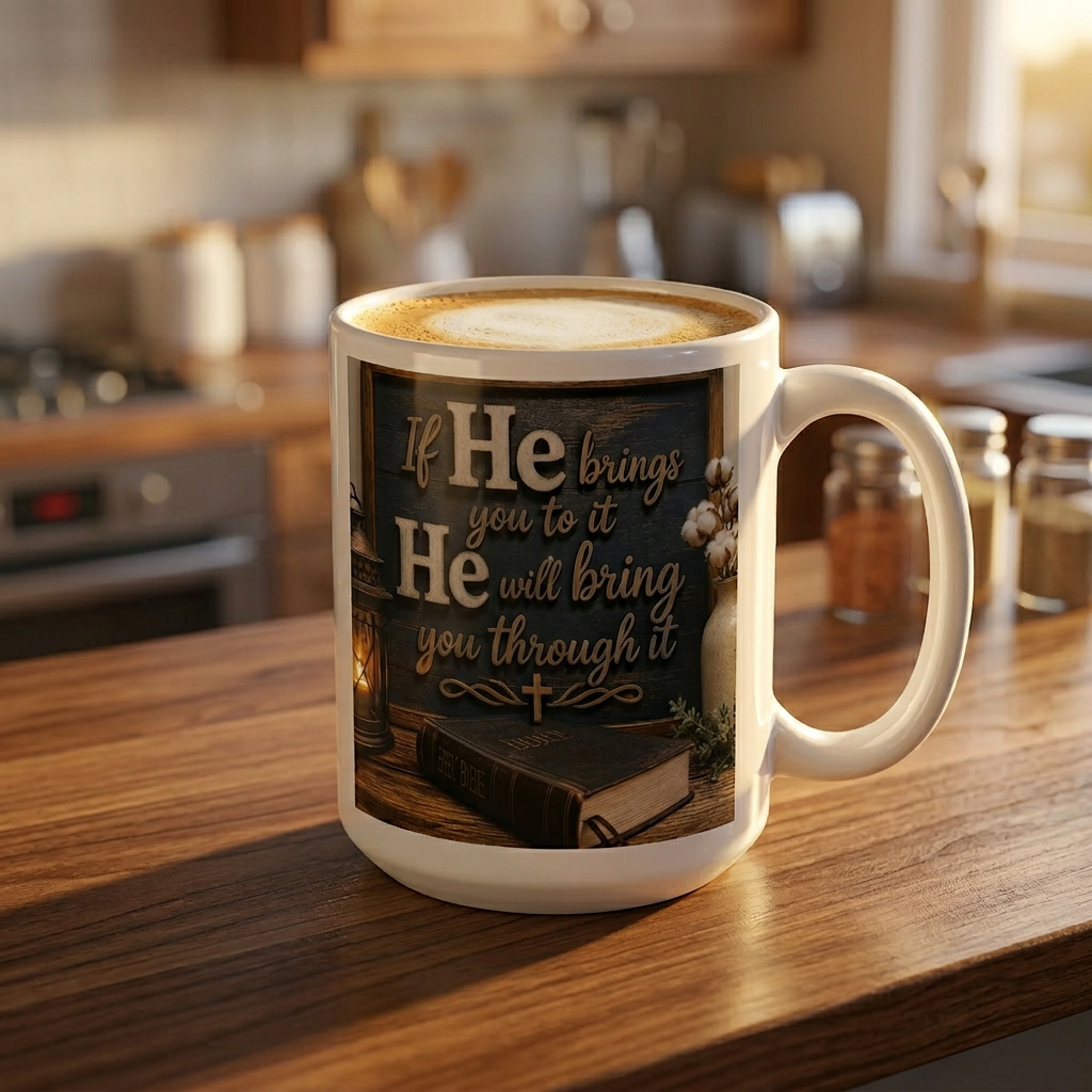 20oz Jumbo Mug — Rustic Faith Quote Coffee Cup (‘If He brings you to it"