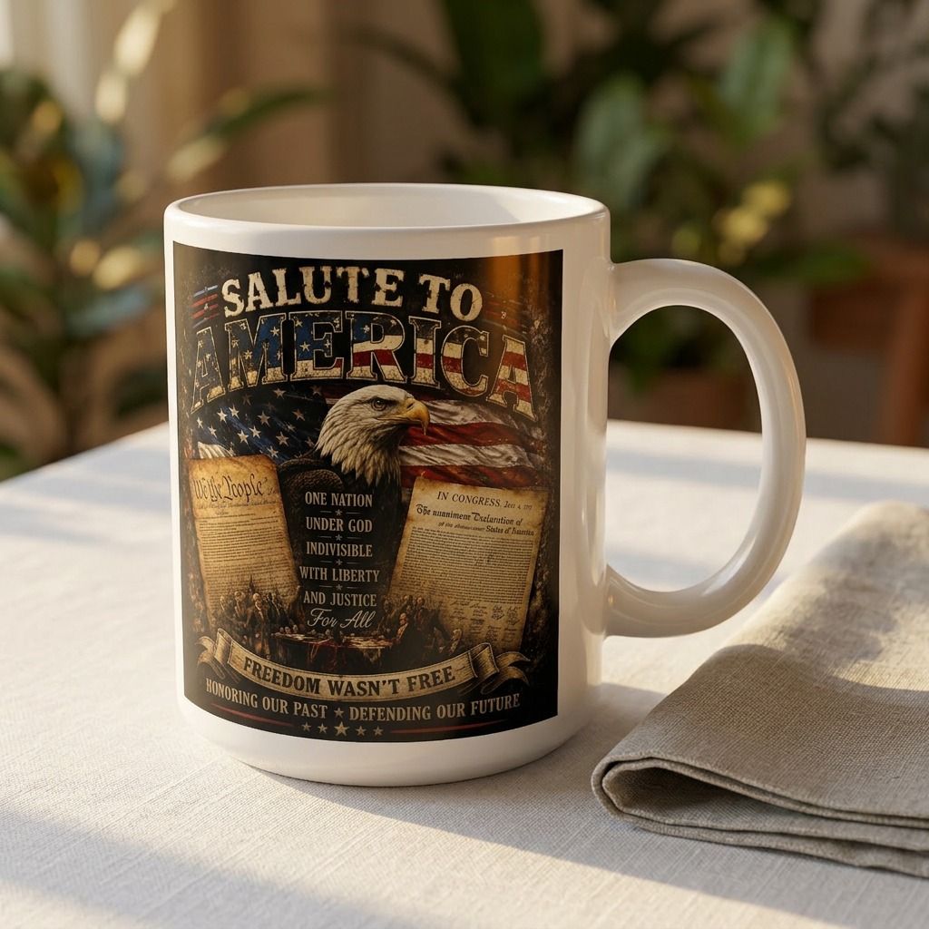Jumbo Mug — Patriotic 'Salute to America' 20oz Coffee Cup with Constitution & Flag Design