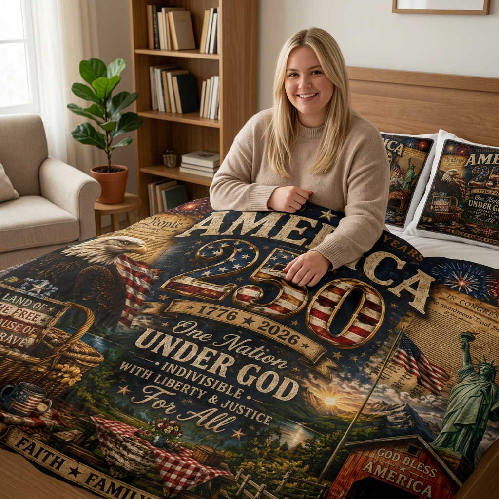 America 250 Cotton Bed Set — Patriotic 1776-2026 One Nation Under God Duvet Cover