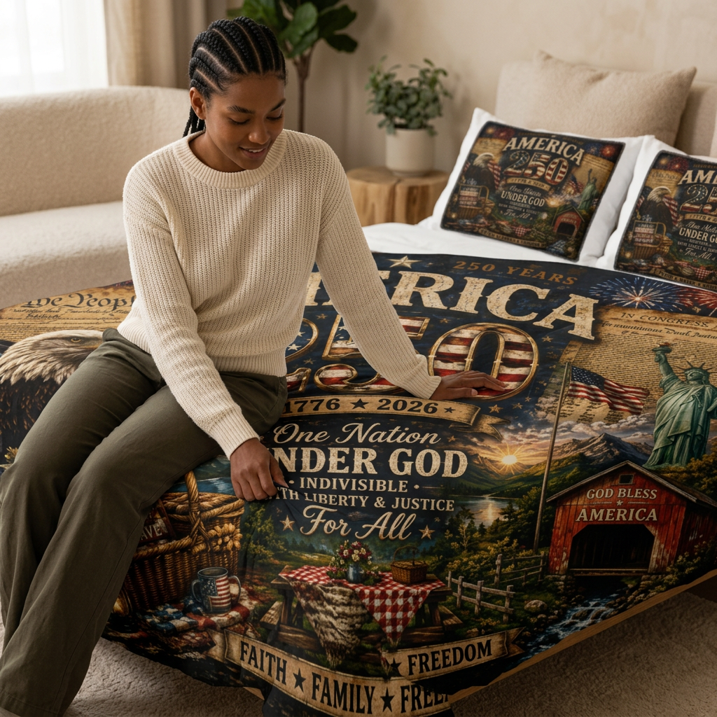 America 250 Cotton Bed Set — Patriotic 1776-2026 One Nation Under God Duvet Cover