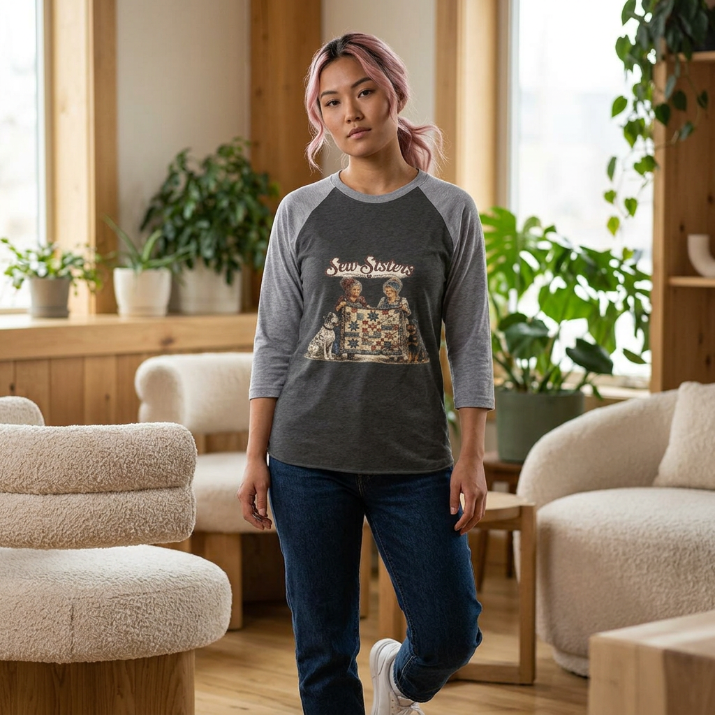 Sew Sisters & Dogs Raglan Tee – Vintage Quilt & Sewing Graphic