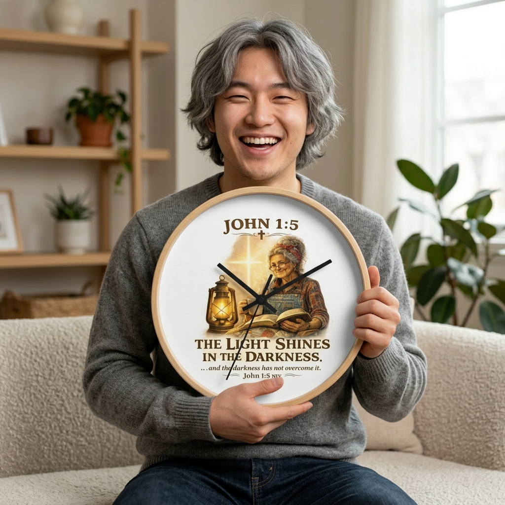 John 1:5 Wall Clock — "The Light Shines in the Darkness" Christian Decorative Clock