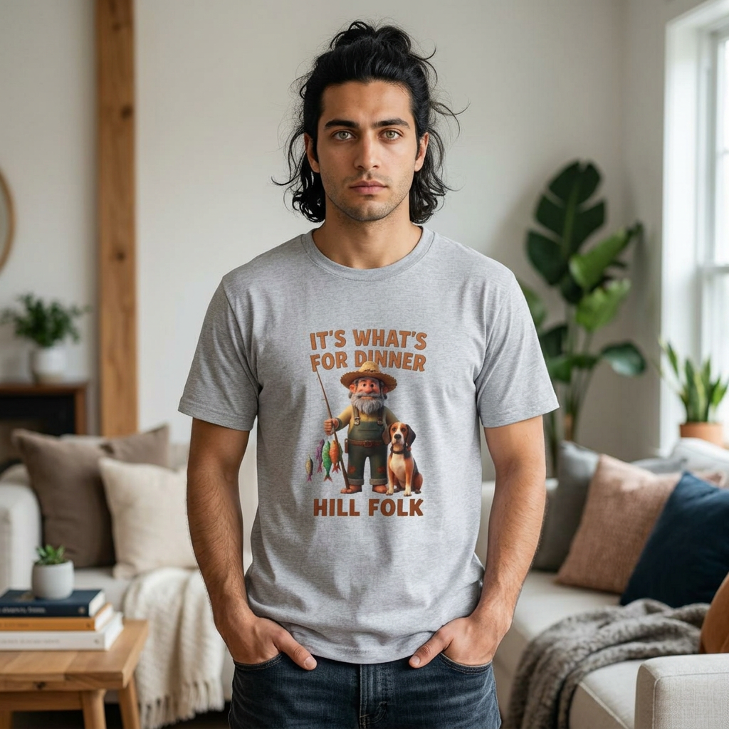 It's What's For Dinner Hill Folk T-Shirt — Rustic Fisherman & Dog Graphic Tee