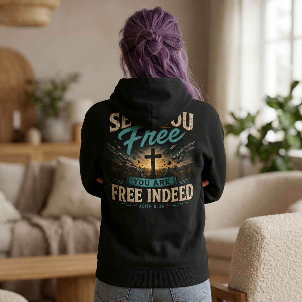 Christian Faith Hoodie — “If He Sets You Free You Are Free Indeed” Fleece Pullover
