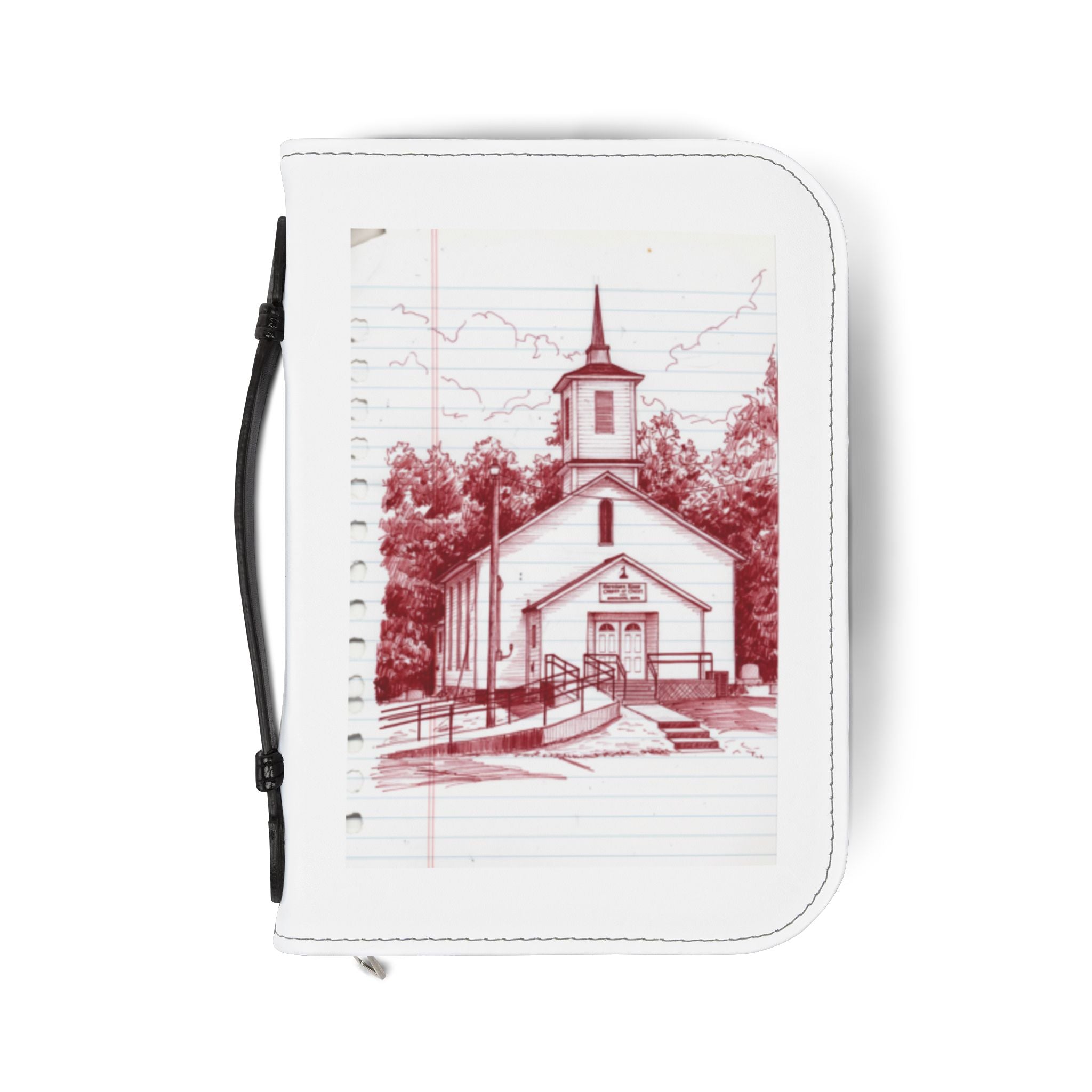 Church Red Work  Sketch Bible Cover — Zippered Padded Bible Case with Vintage Chapel Illustration