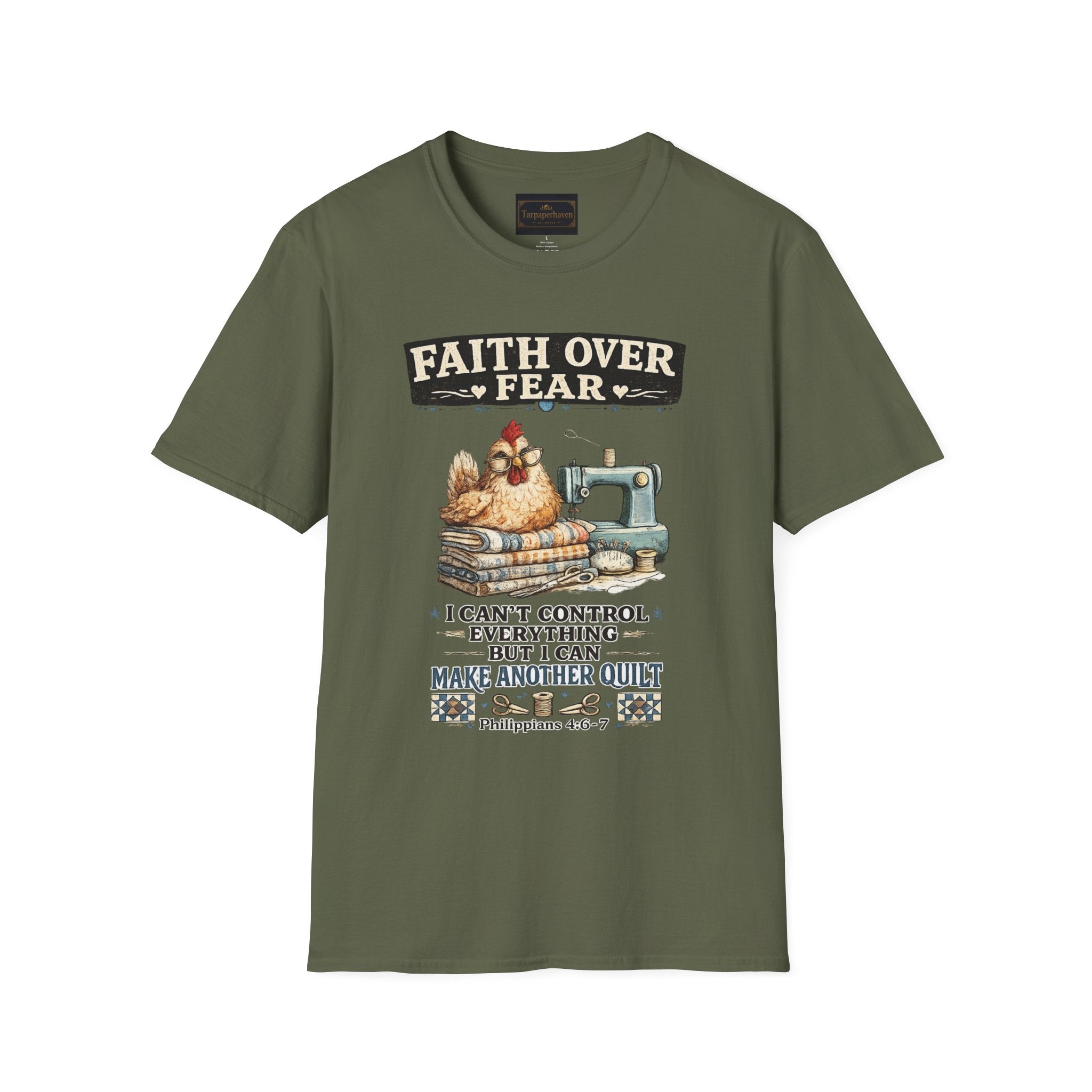 Faith Over Fear Quilting T‑Shirt — Chicken & Sewing Machine Graphic