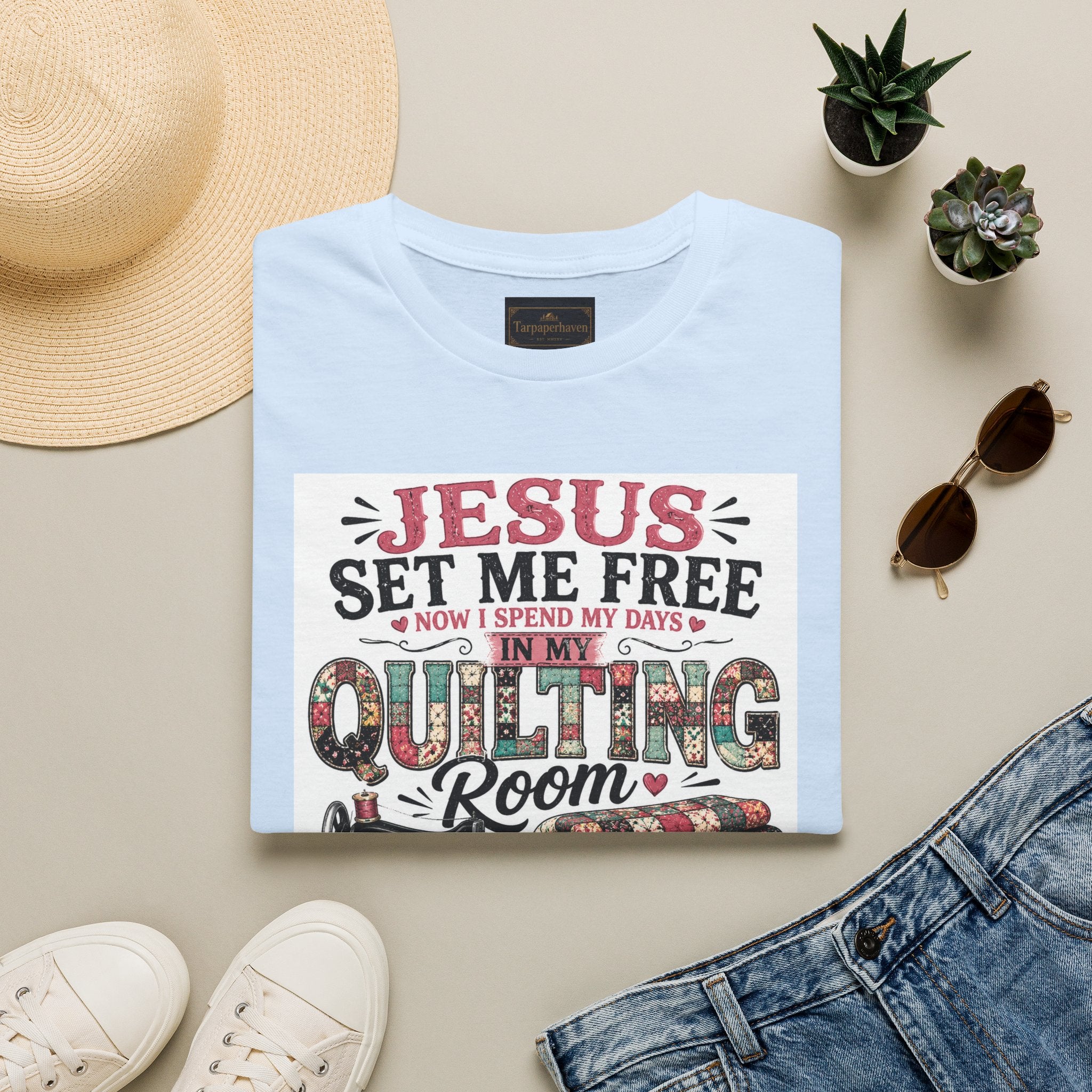 Quilting T-Shirt — "Jesus Set Me Free" Faithful Quilter Tee