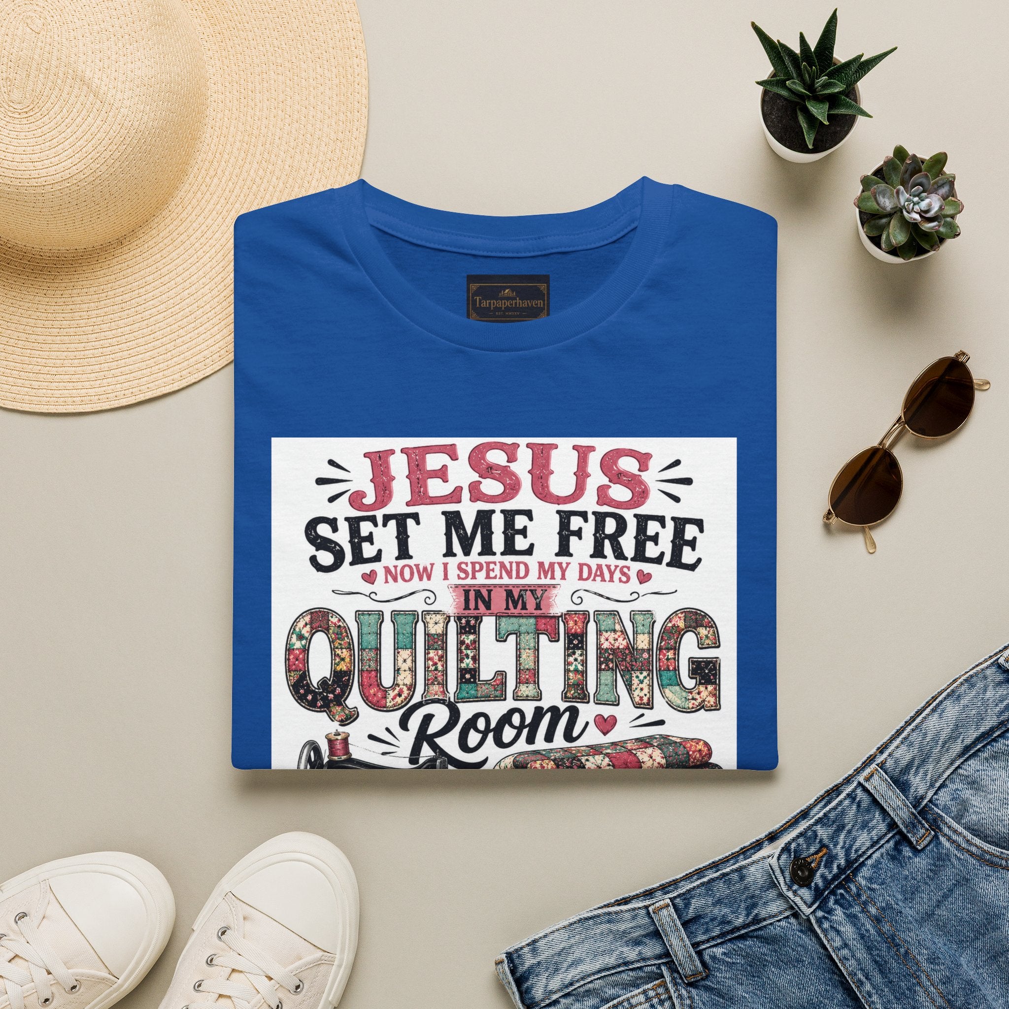 Quilting T-Shirt — "Jesus Set Me Free" Faithful Quilter Tee
