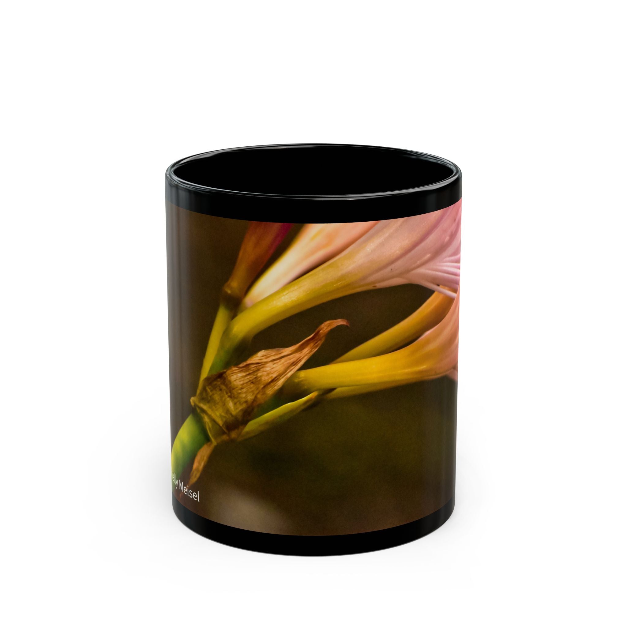 Floral Calla Lily Black Coffee Mug — Elegant Pink & Yellow Flower Photo