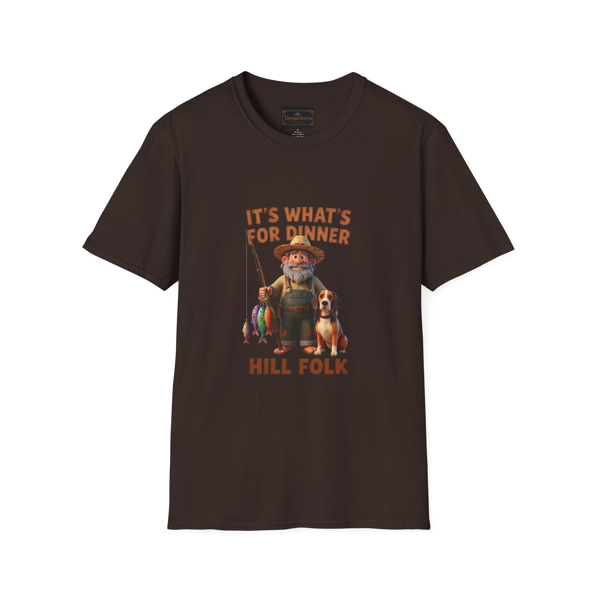 It's What's For Dinner Hill Folk T-Shirt — Rustic Fisherman & Dog Graphic Tee