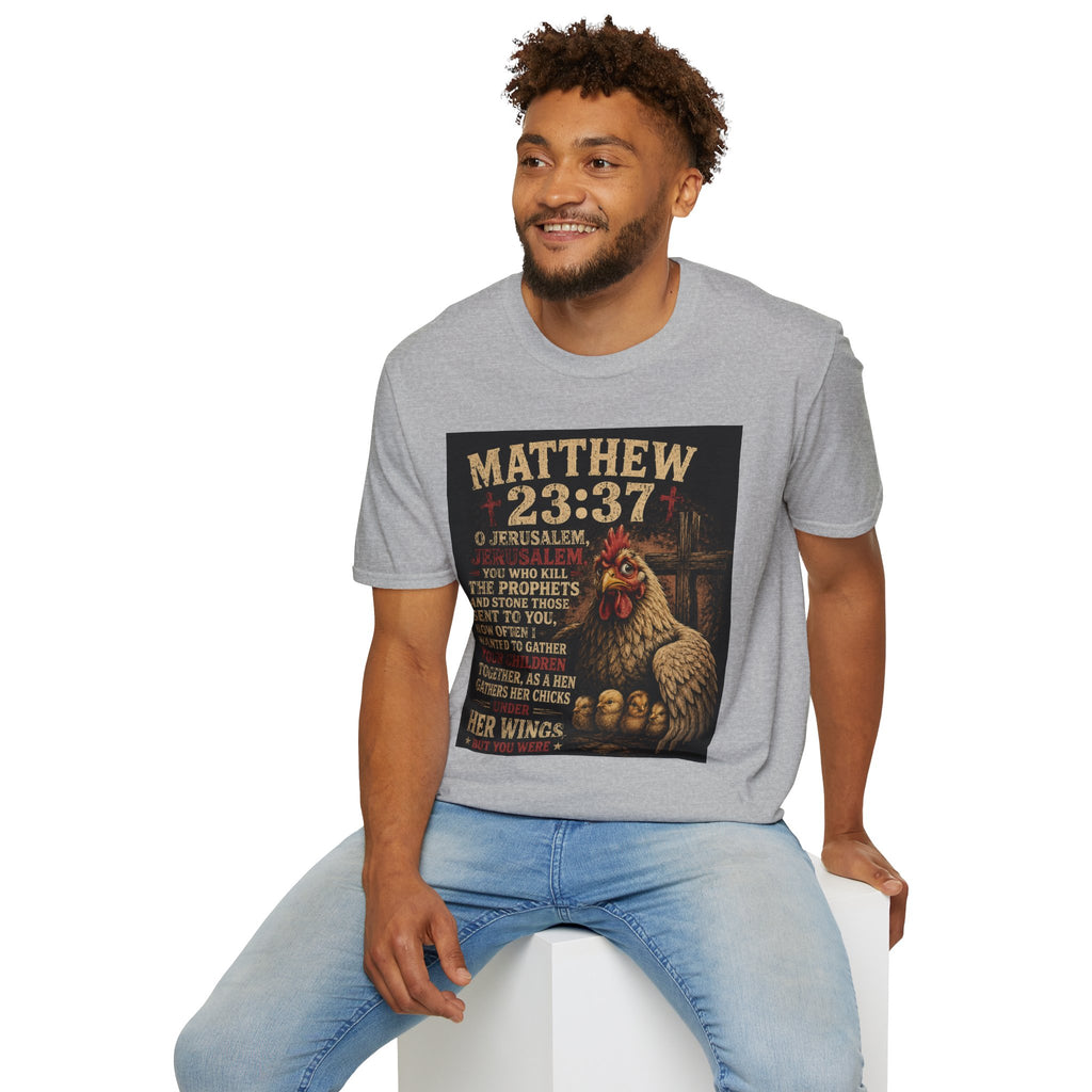 Matthew 23:37 Scripture T-Shirt — Jerusalem Biblical Verse Hen Design