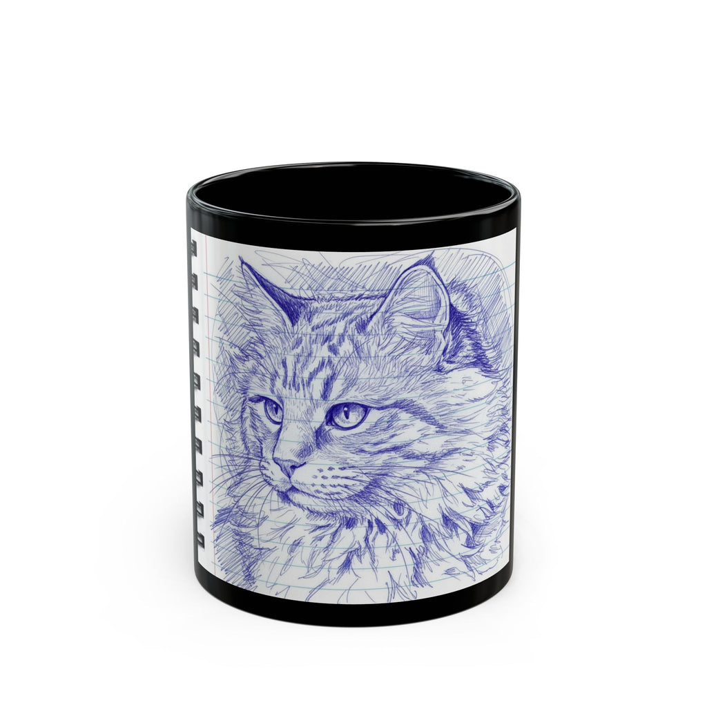 Blue Pen Sketch Cat Mug — Black Ceramic Coffee Cup (11oz/15oz)