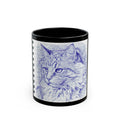 Blue Pen Sketch Cat Mug — Black Ceramic Coffee Cup (11oz/15oz)