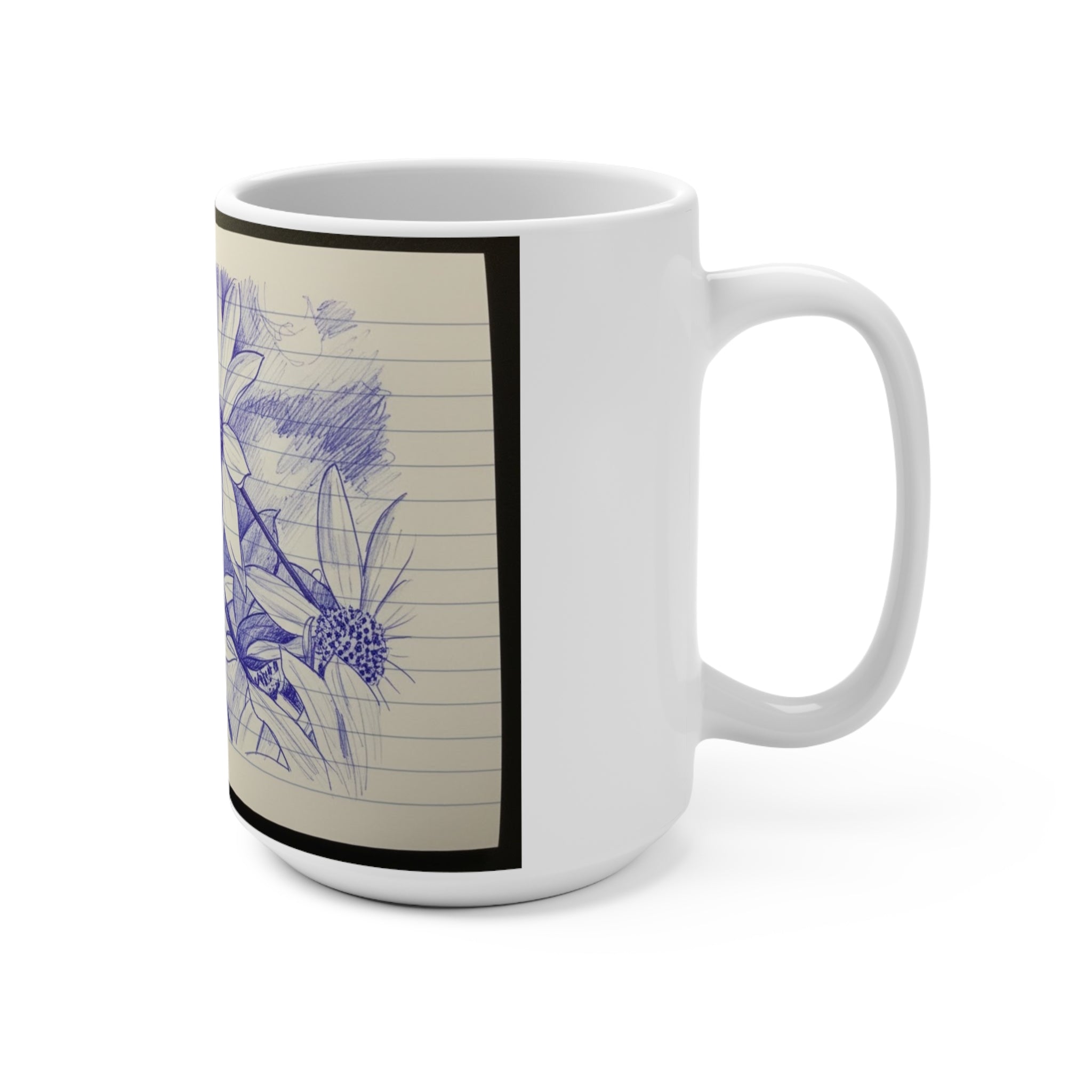 Floral Ballpoint Sketch 15oz Mug — Hand-Drawn Daisies on Lined Paper