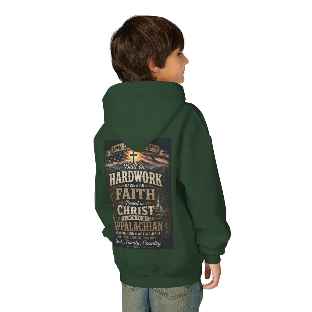 Youth Hoodie — 'Too Country to Care' / Appalachian Faith Graphic