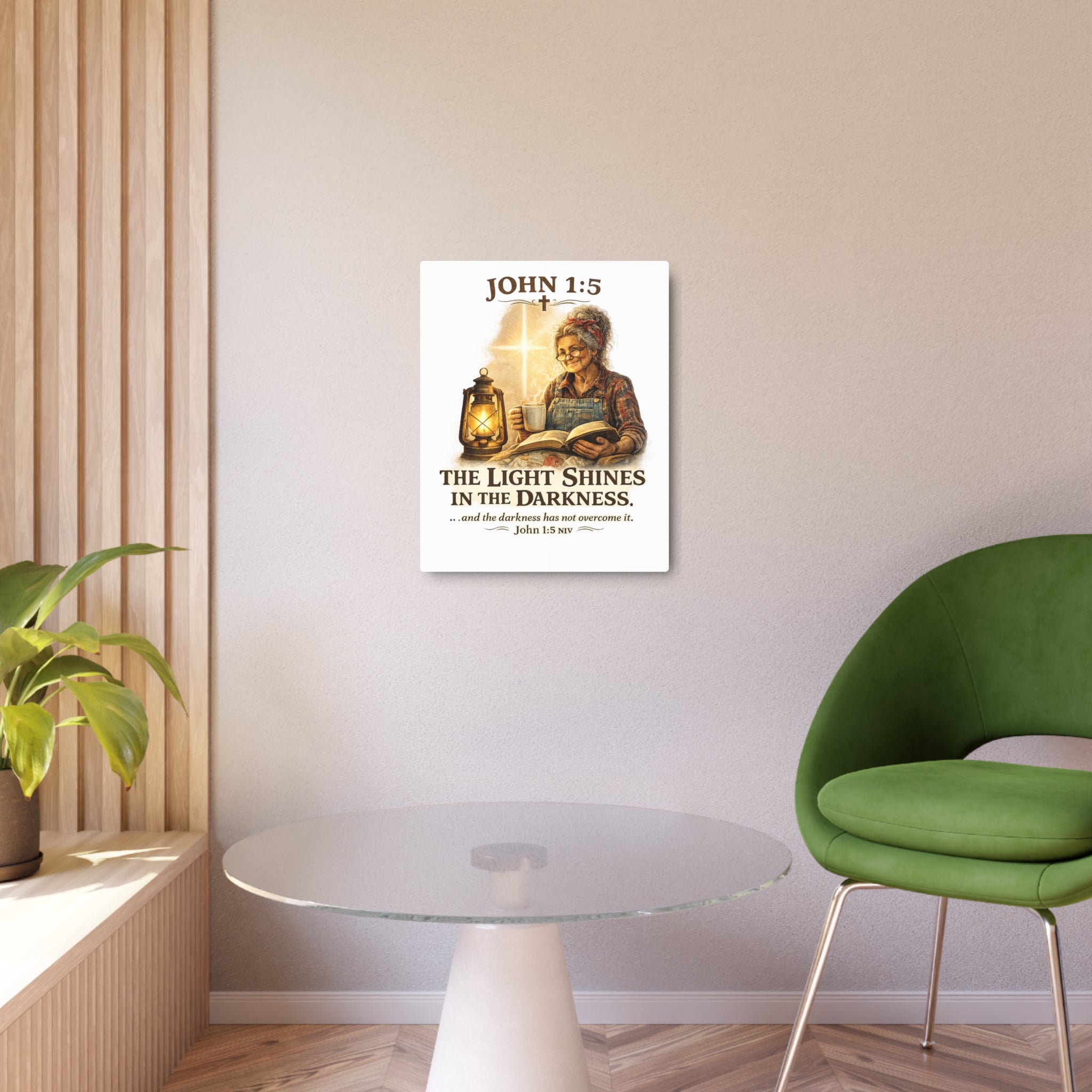 Metal Sign – John 1:5 "The Light Shines in the Darkness" Inspirational Christian Wall Art