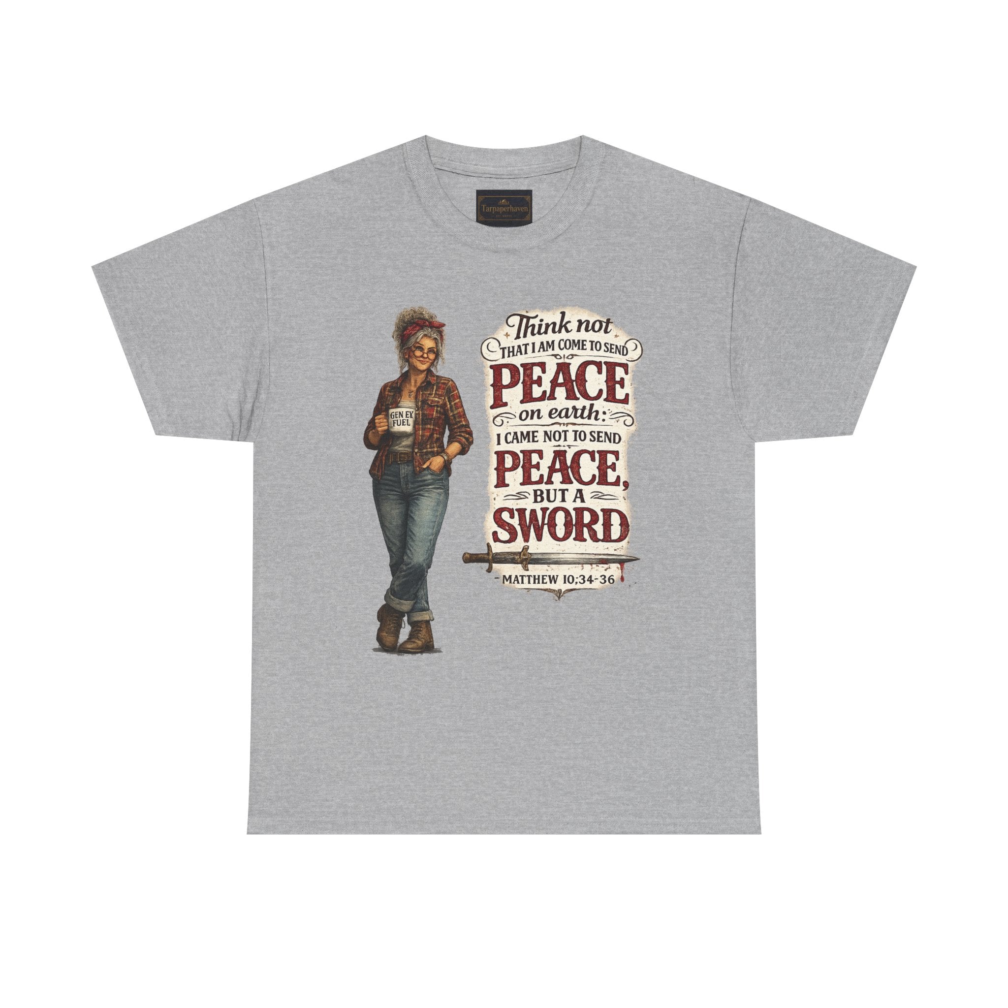 Christian Faith Tee — "I Come Not to Send Peace but a Sword" Matthew 10:34 Graphic Shirt