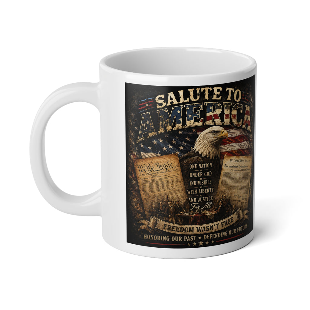 Jumbo Mug — Patriotic 'Salute to America' 20oz Coffee Cup with Constitution & Flag Design