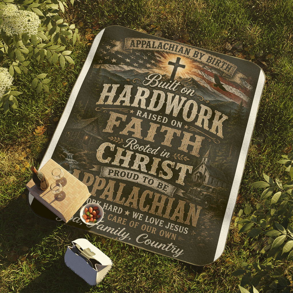 Appalachian Faith Picnic Blanket — "Built on Hardwork, Raised on Faith" Outdoor Throw