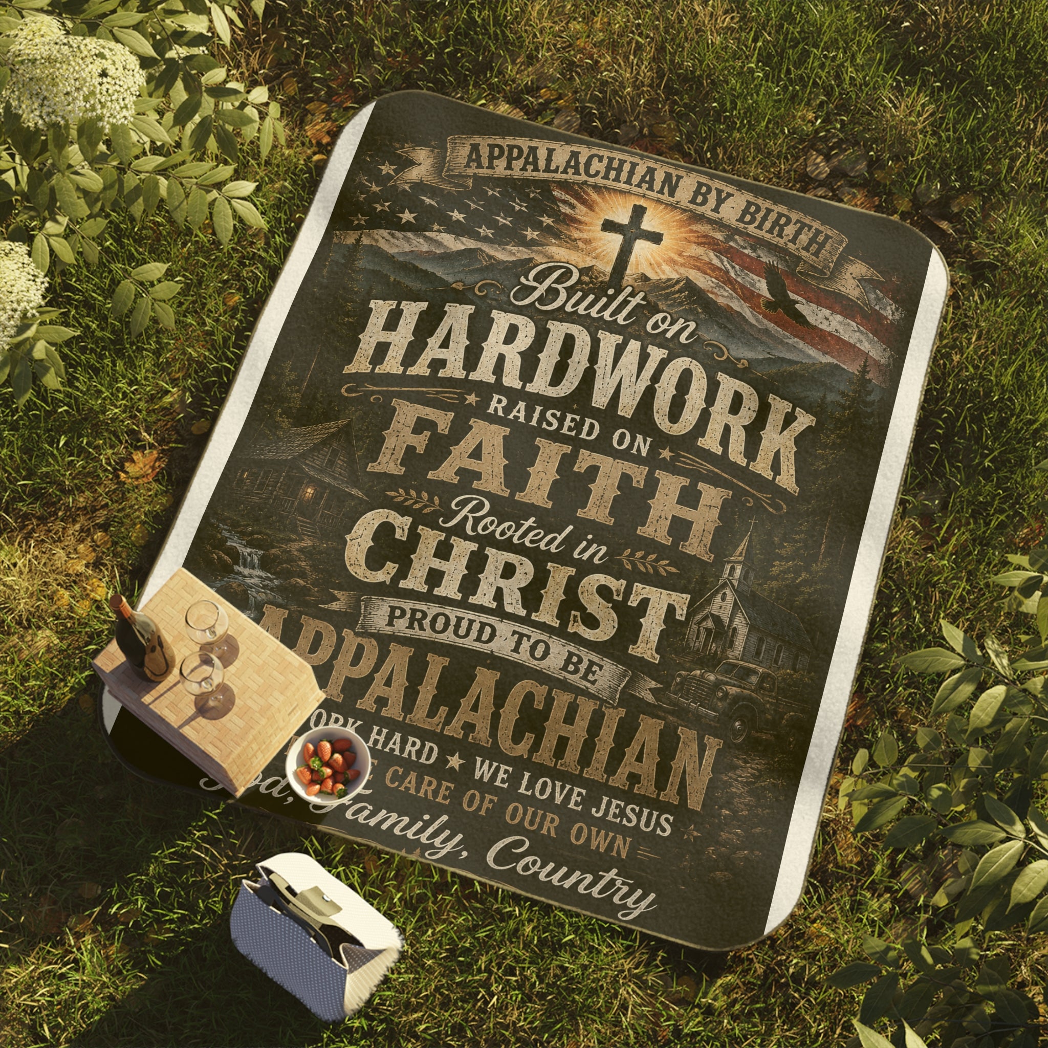 Appalachian Faith Picnic Blanket — "Built on Hardwork, Raised on Faith" Outdoor Throw