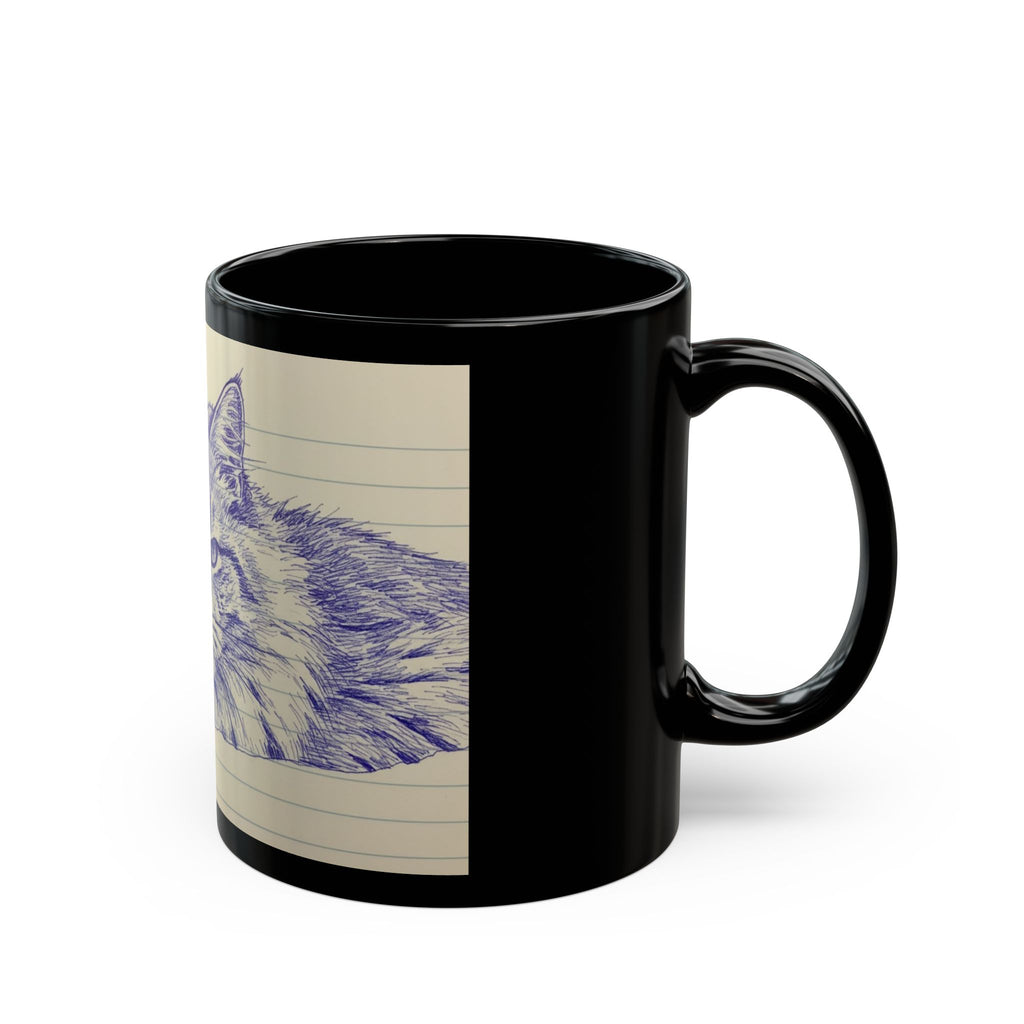 Vintage Pen-Sketch Cat Black Coffee Mug — 11oz & 15oz
