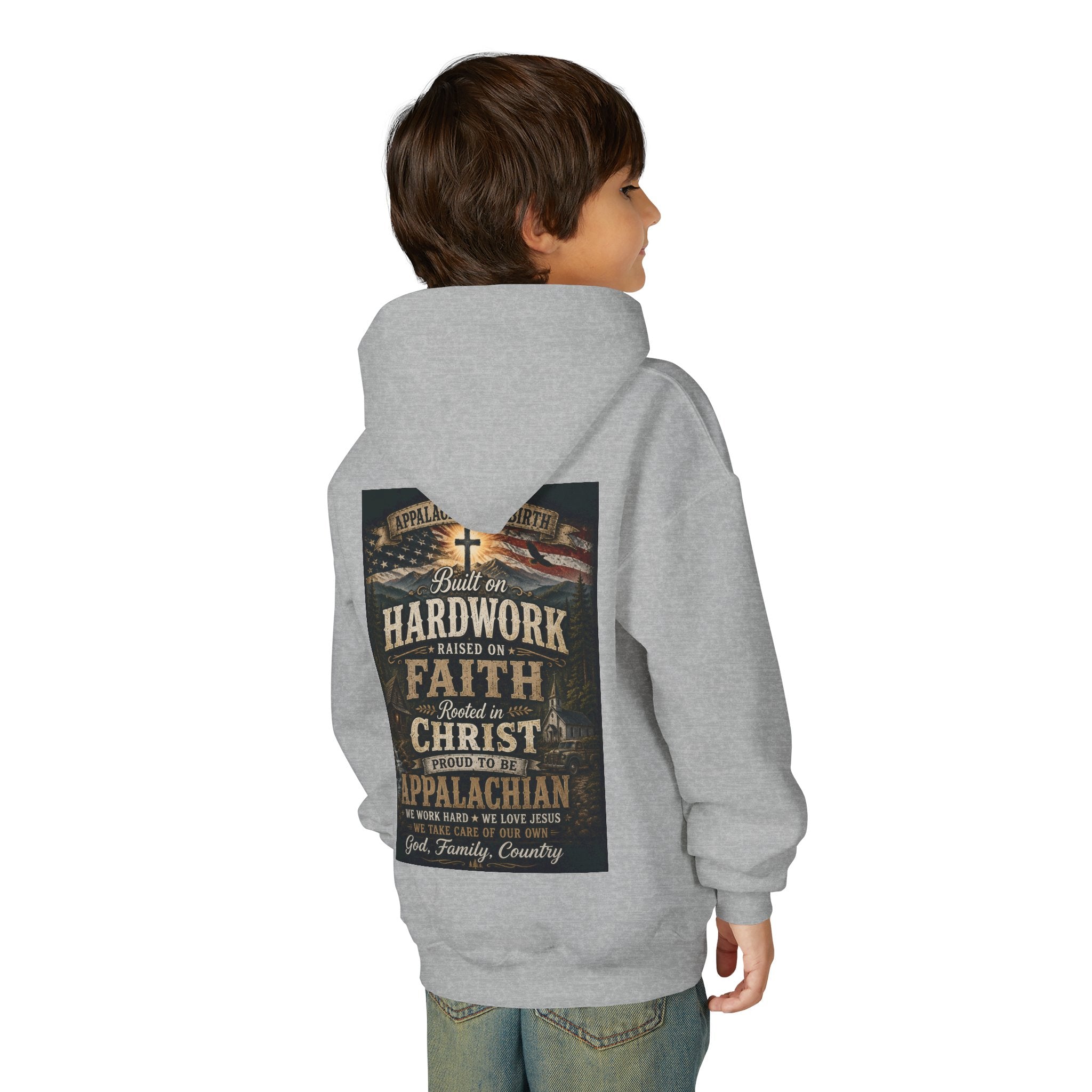 Youth Hoodie — 'Too Country to Care' / Appalachian Faith Graphic