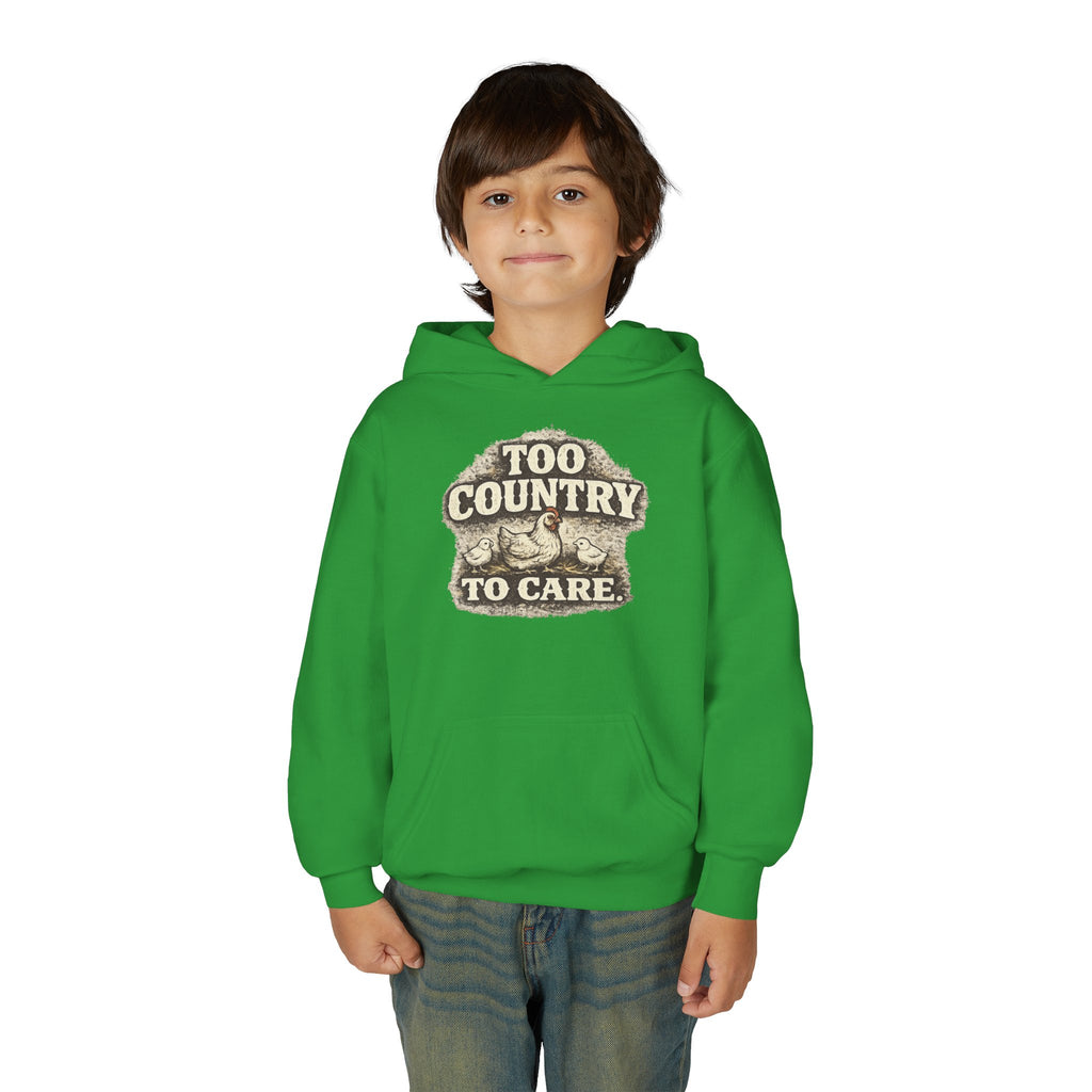 Youth Hoodie — 'Too Country to Care' / Appalachian Faith Graphic