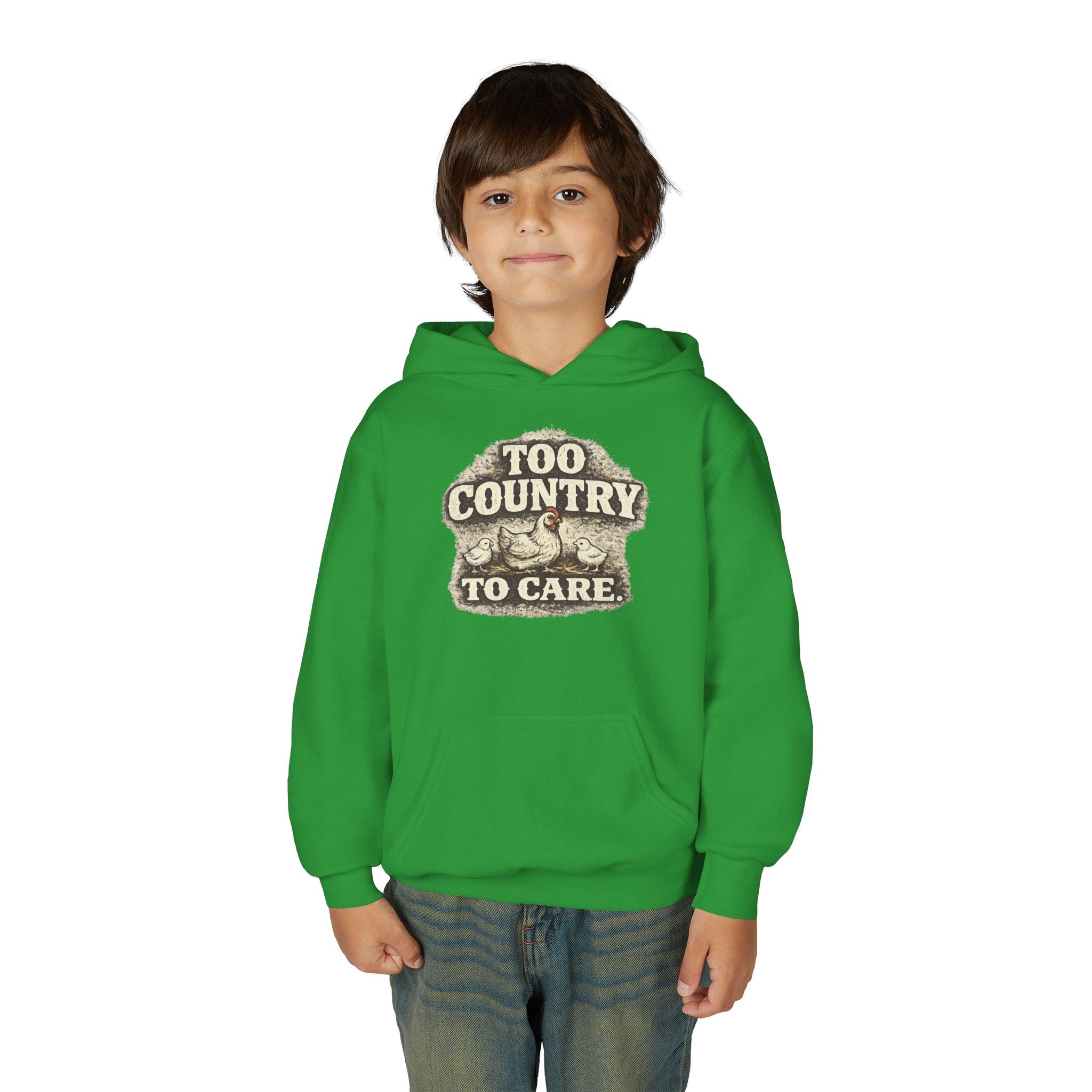 Youth Hoodie — 'Too Country to Care' / Appalachian Faith Graphic