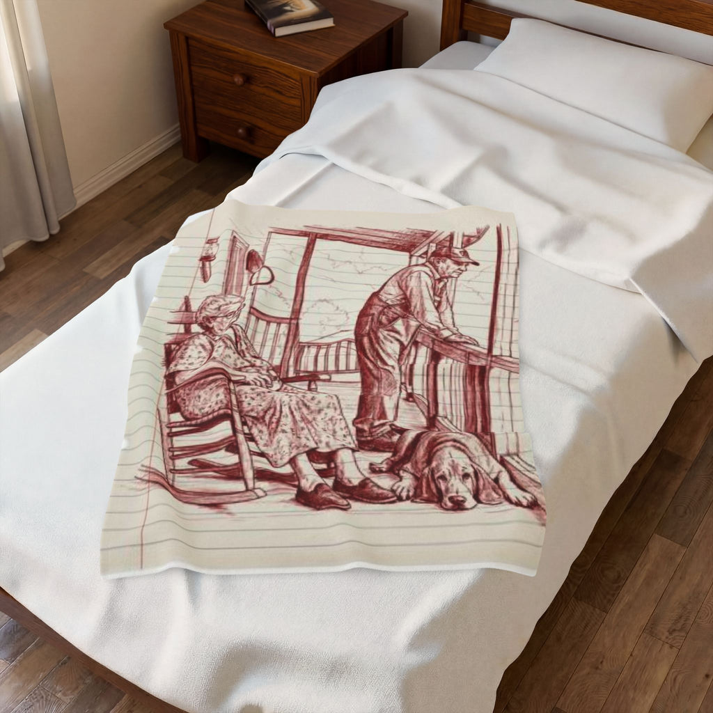 Red work Portrait Velveteen Plush Blanket — Vintage Sketch of Elder Couple & Dog
