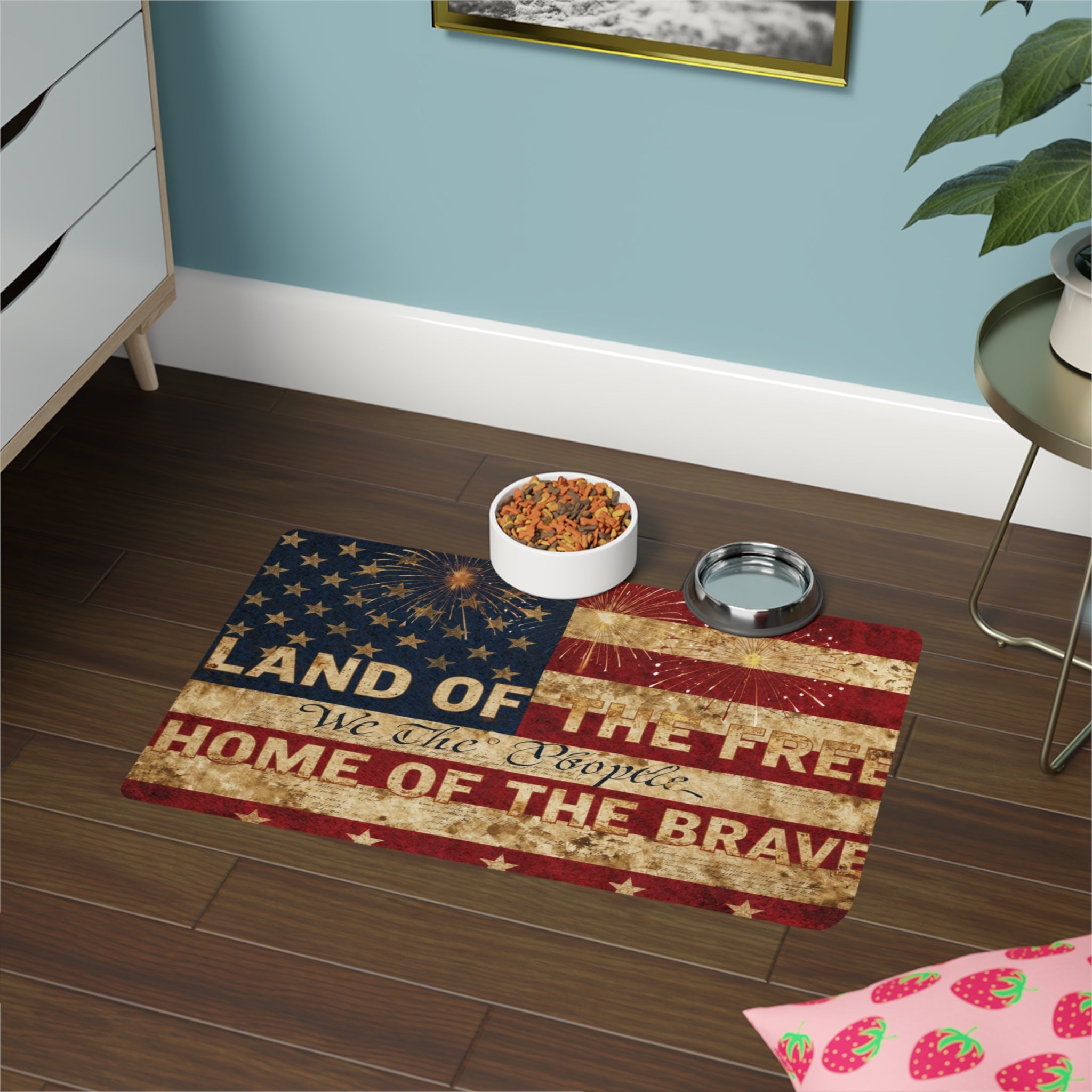 Patriotic "Land of the Free, Home of the Brave" Pet Food Mat (12x18)