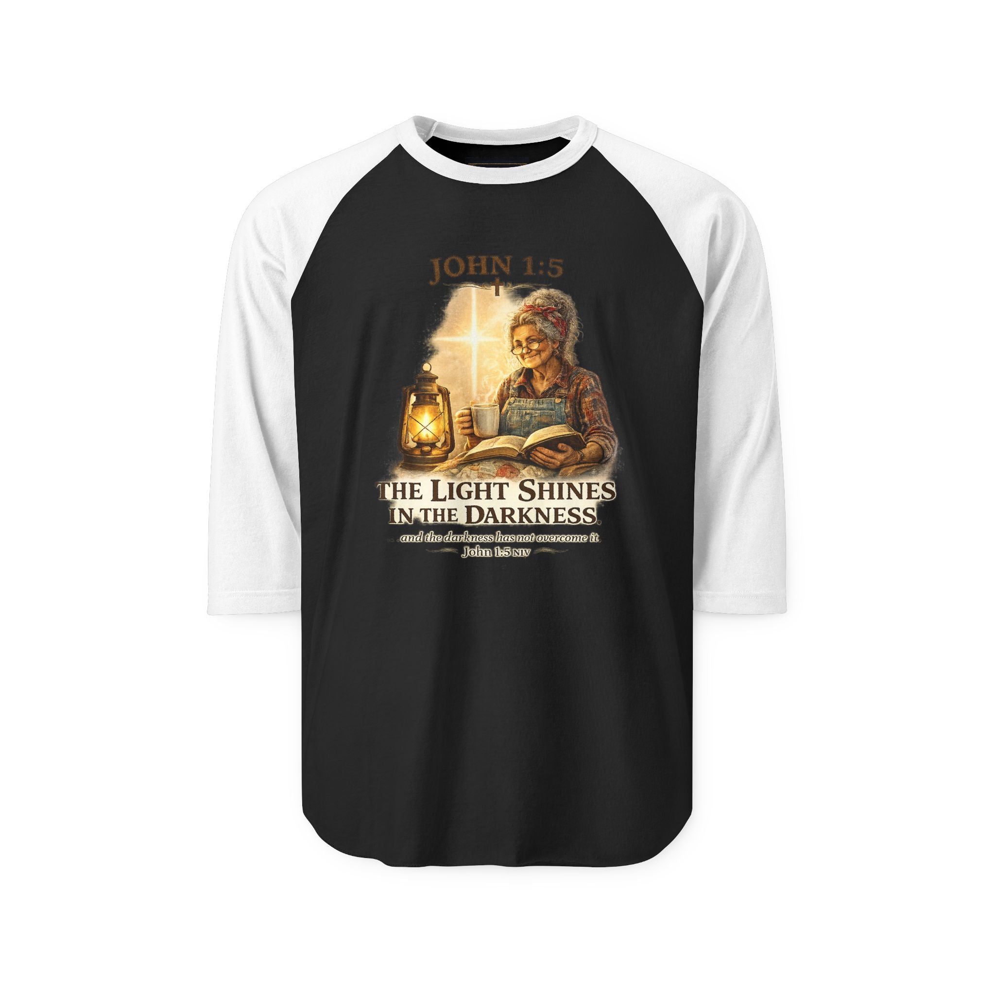 John 1:5 Lantern Graphic Raglan Shirt — "The Light Shines in the Darkness" Christian Baseball Tee