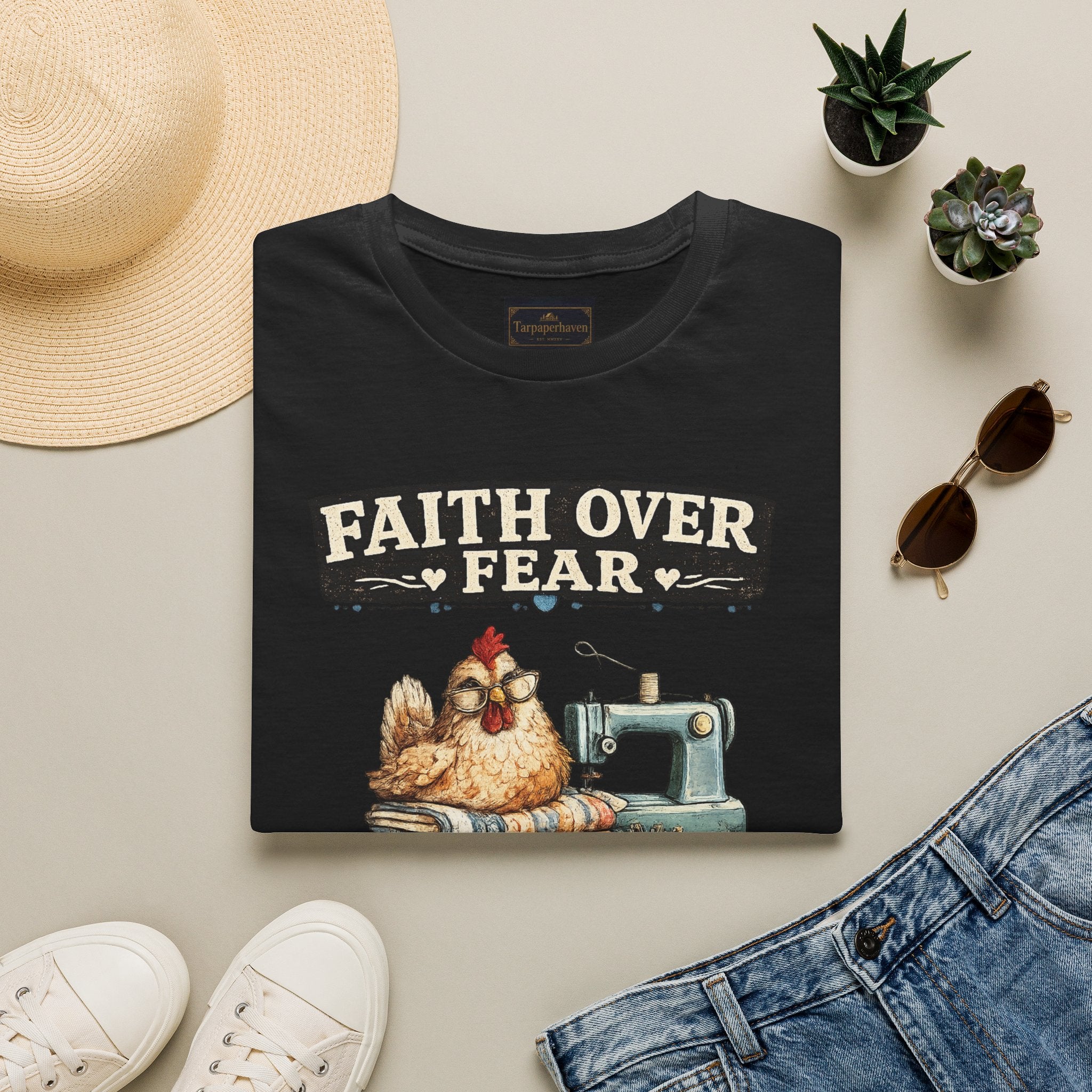 Faith Over Fear Quilting T‑Shirt — Chicken & Sewing Machine Graphic