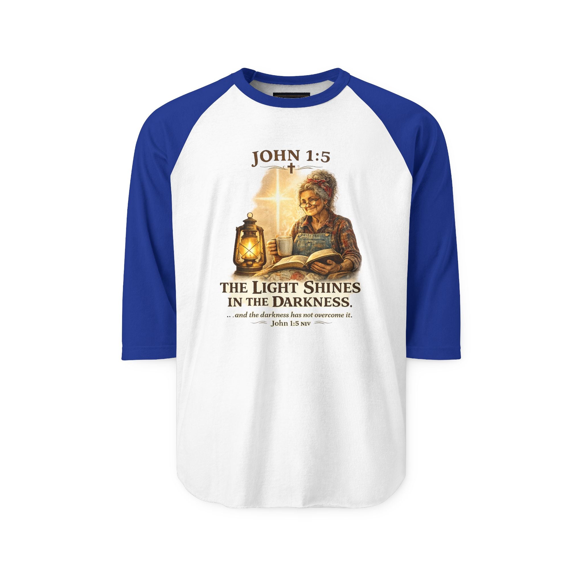 John 1:5 Lantern Graphic Raglan Shirt — "The Light Shines in the Darkness" Christian Baseball Tee