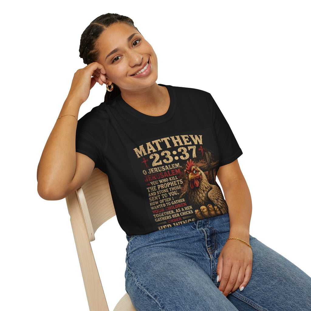 Matthew 23:37 Scripture T-Shirt — Jerusalem Biblical Verse Hen Design