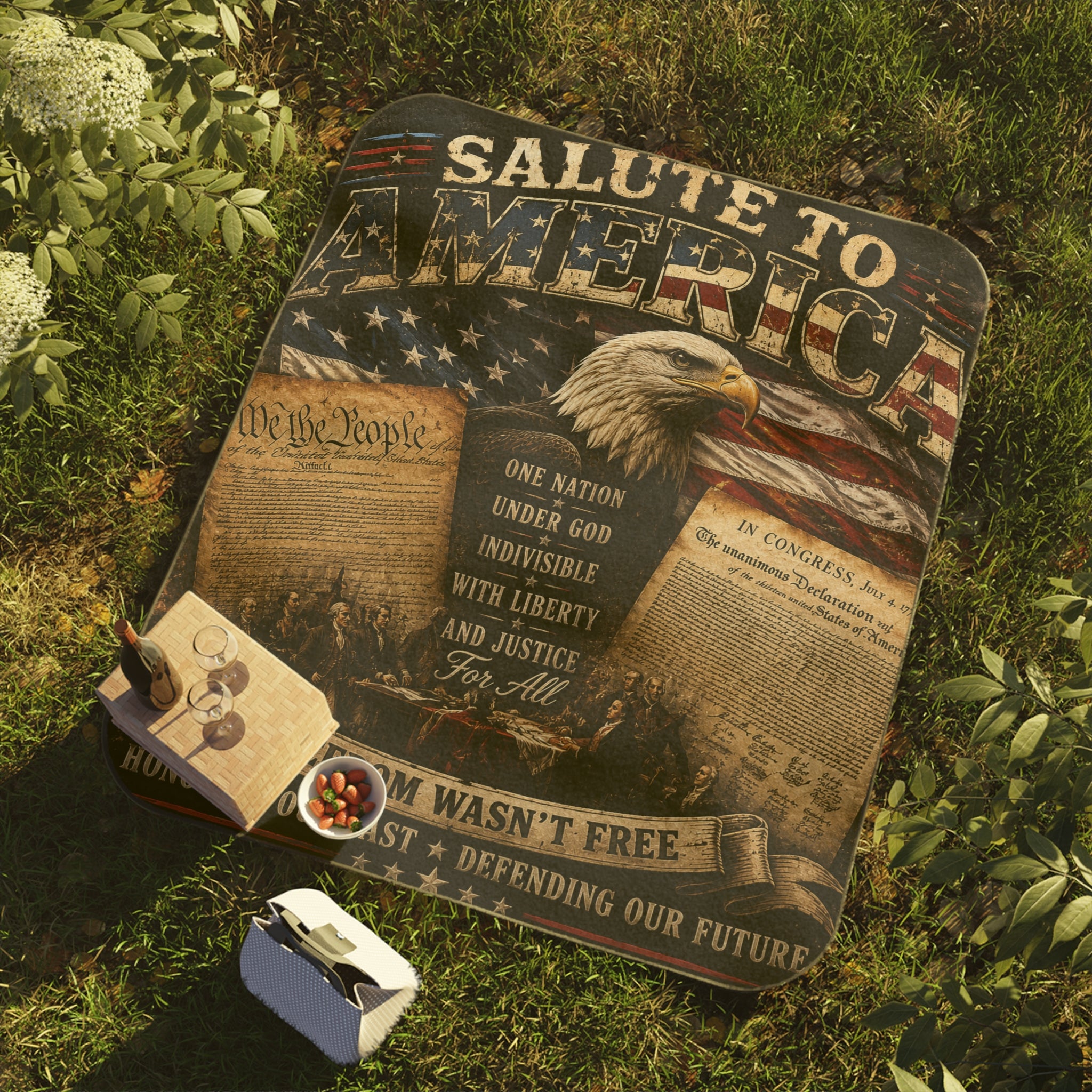 Salute to America Picnic Blanket — Patriotic Eagle & Constitution Outdoor Blanket for 4th of July, Memorial Day, Veterans Day