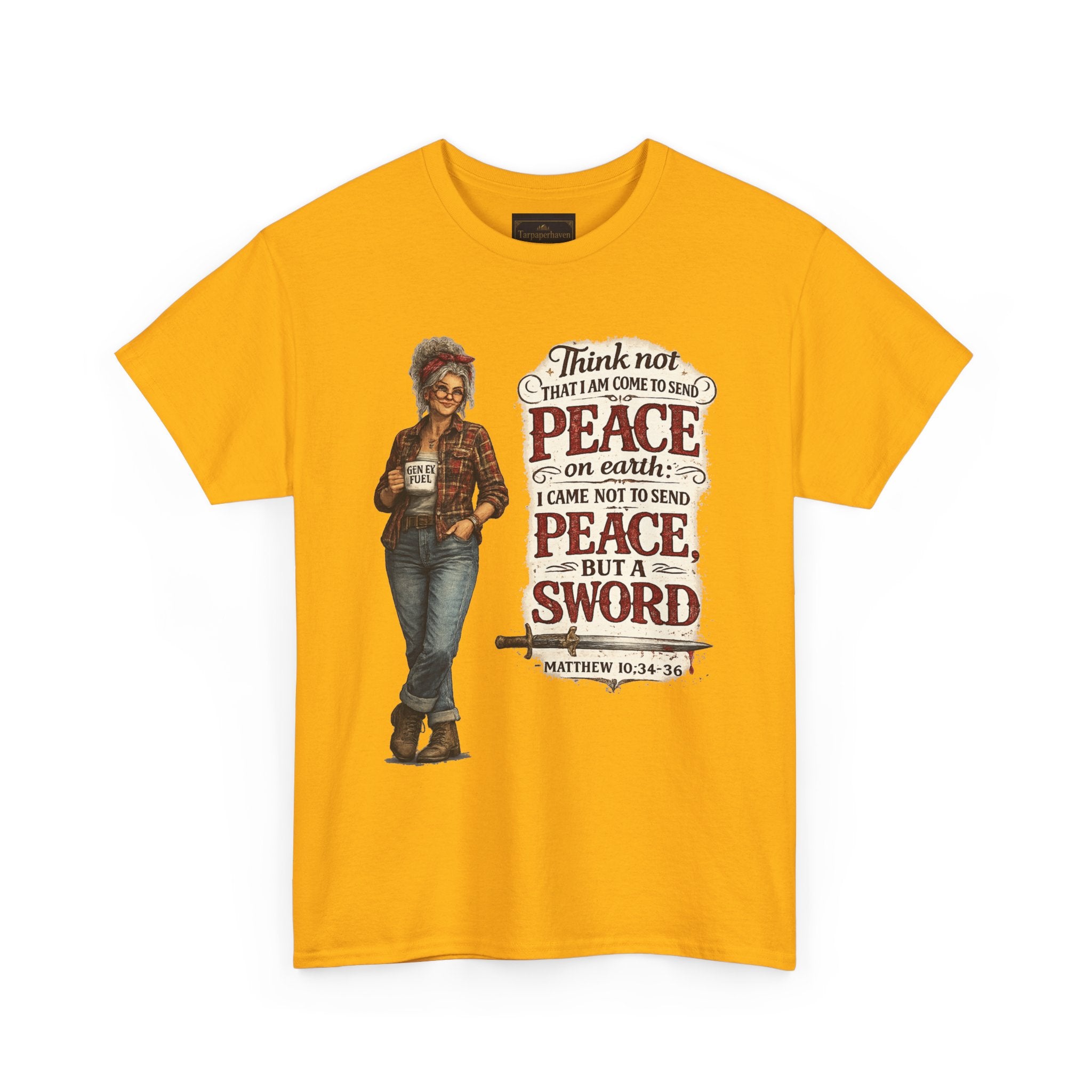 Christian Faith Tee — "I Come Not to Send Peace but a Sword" Matthew 10:34 Graphic Shirt