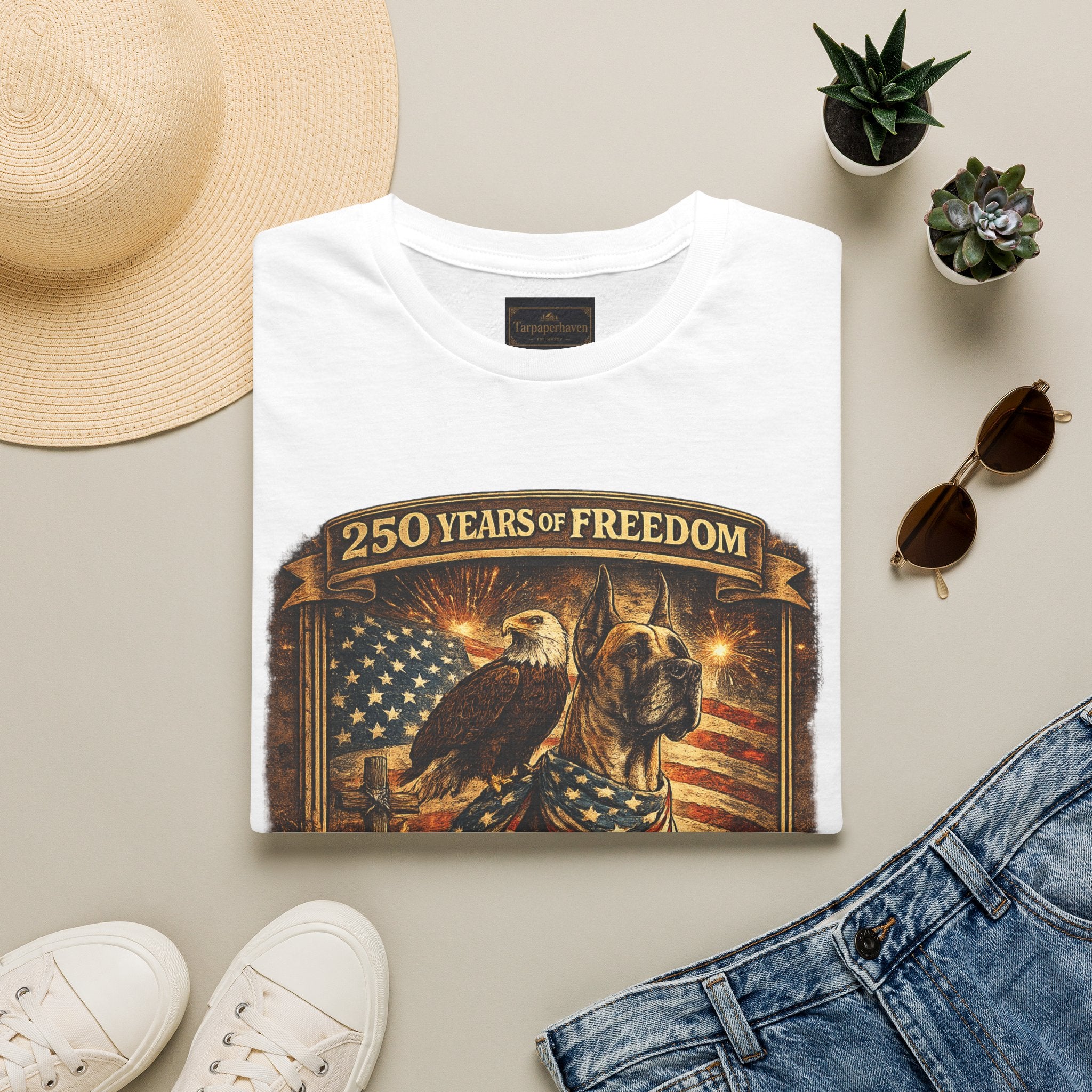 250 Years — Patriotic Bald Eagle & Great Dane  American Flag Tee