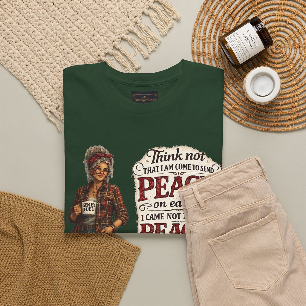 Christian Faith Tee — "I Come Not to Send Peace but a Sword" Matthew 10:34 Graphic Shirt