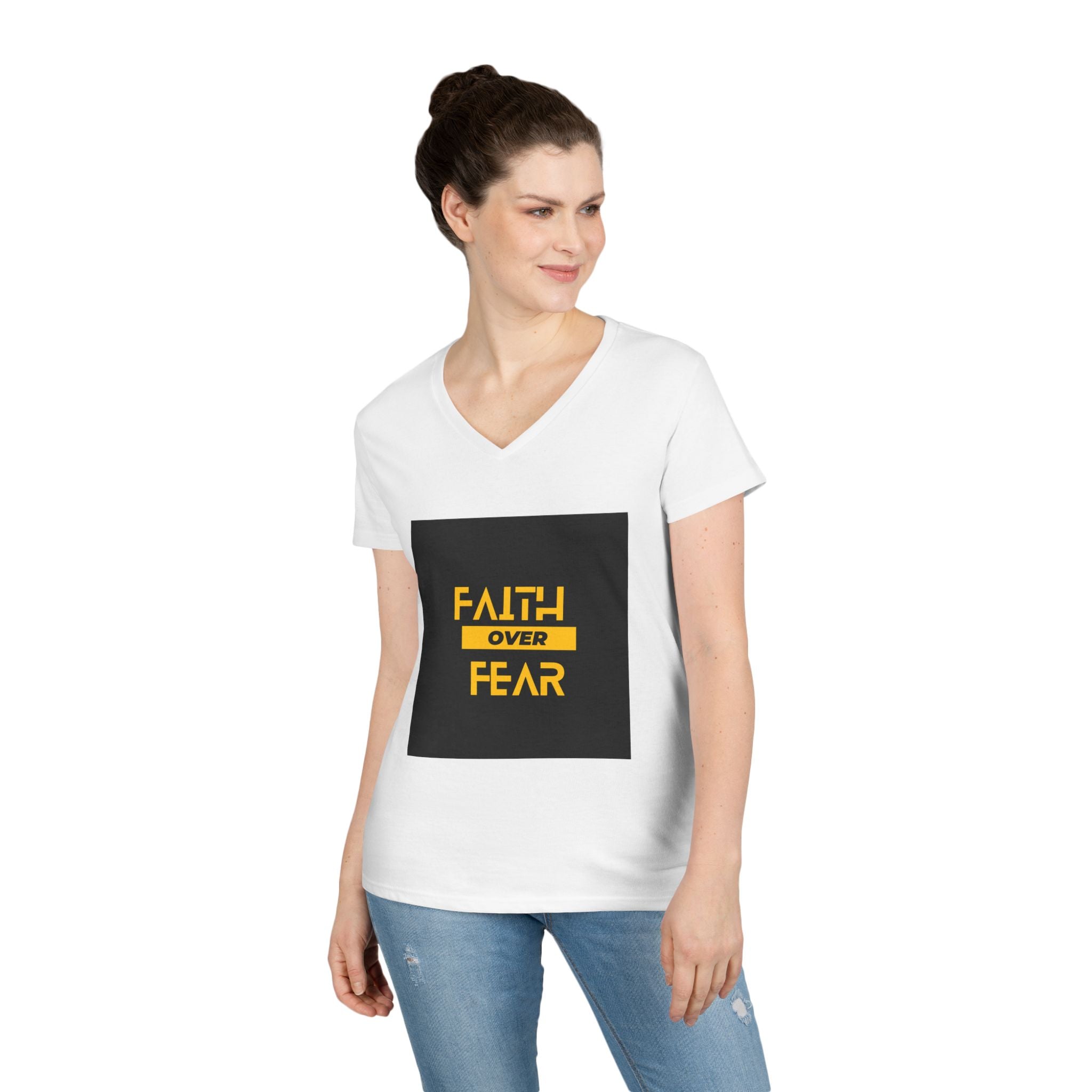 Faith Over Fear V-Neck Tee — Inspirational Christian Women's Shirt