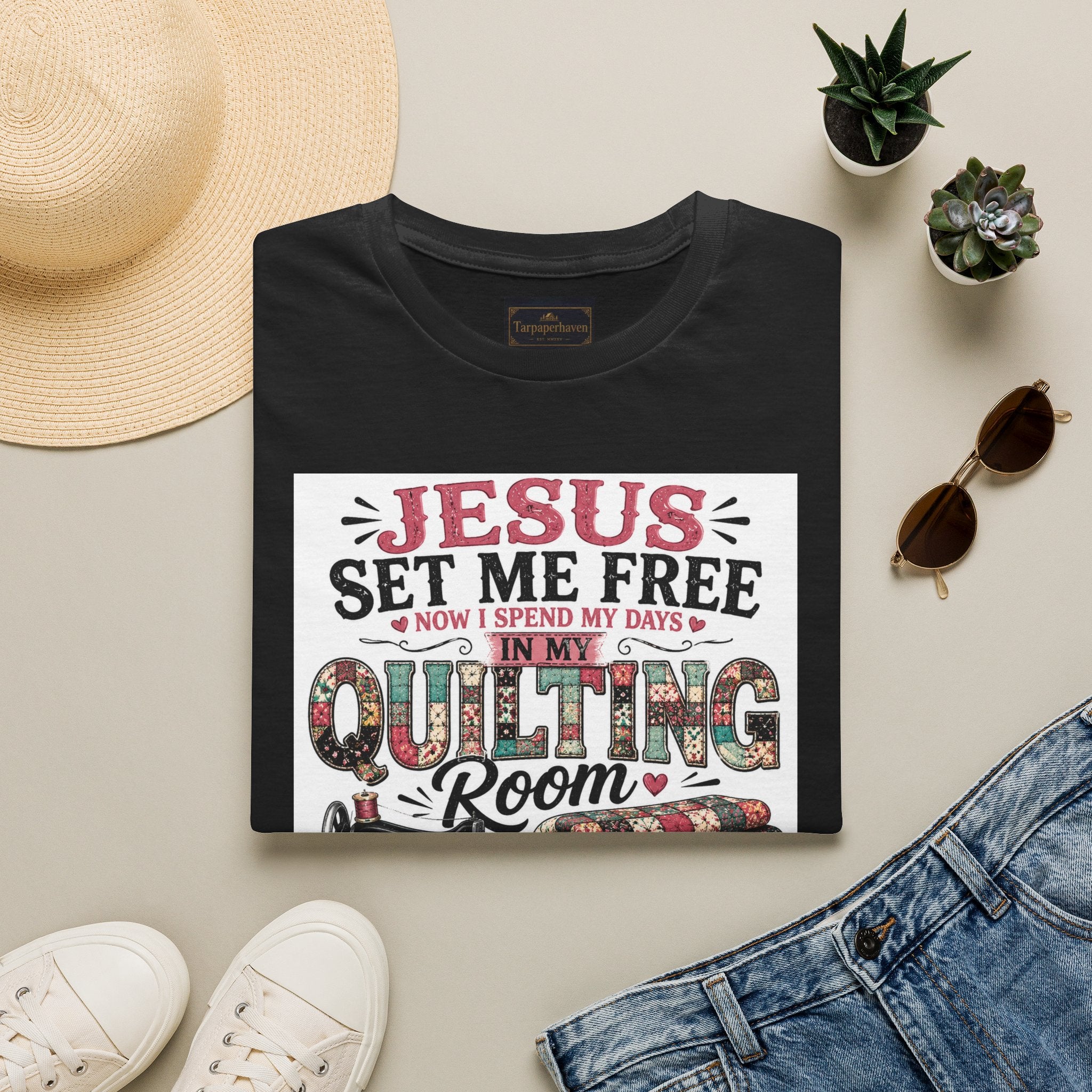 Quilting T-Shirt — "Jesus Set Me Free" Faithful Quilter Tee