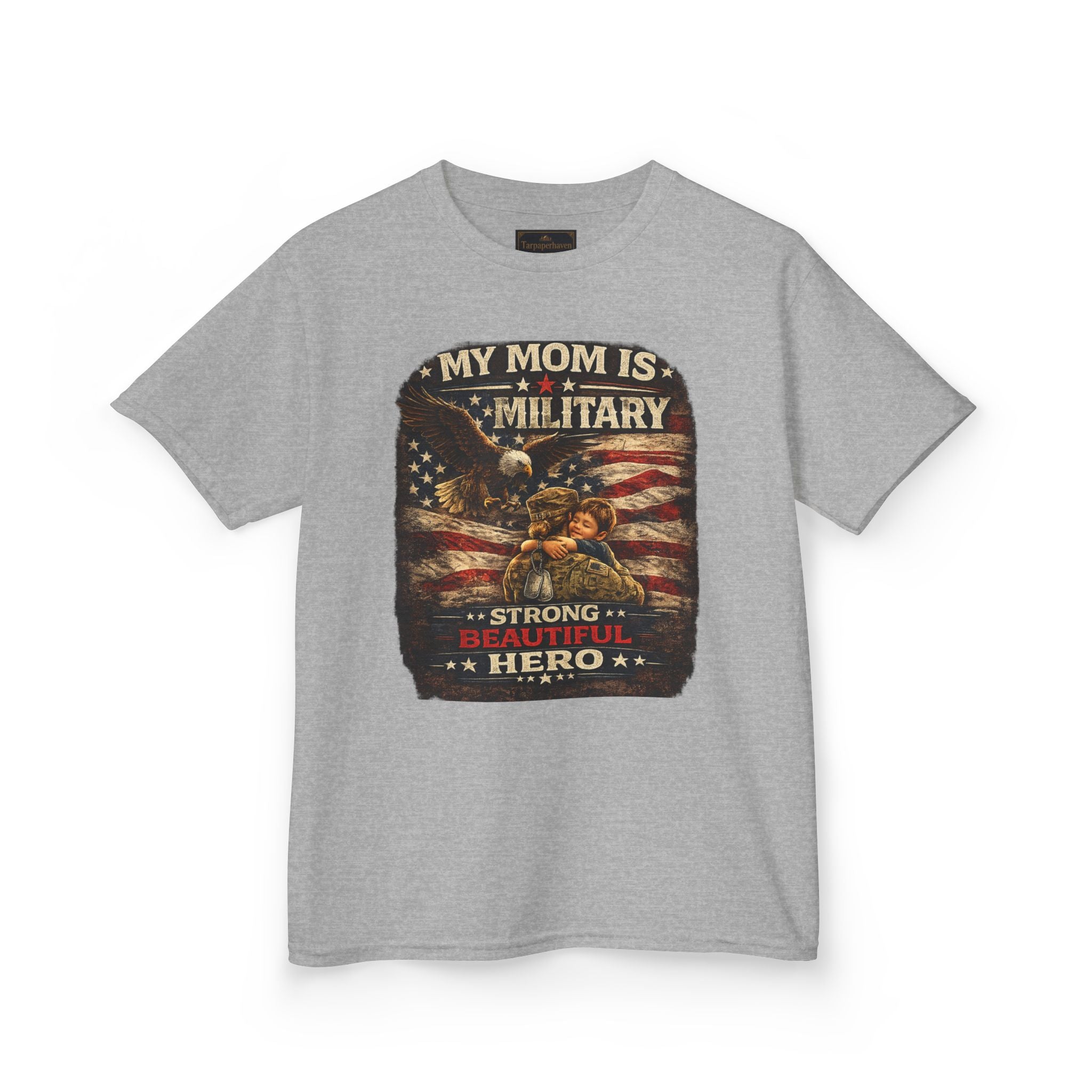 Kids Tee — "My Mom Is Military" Patriotic American Flag Shirt