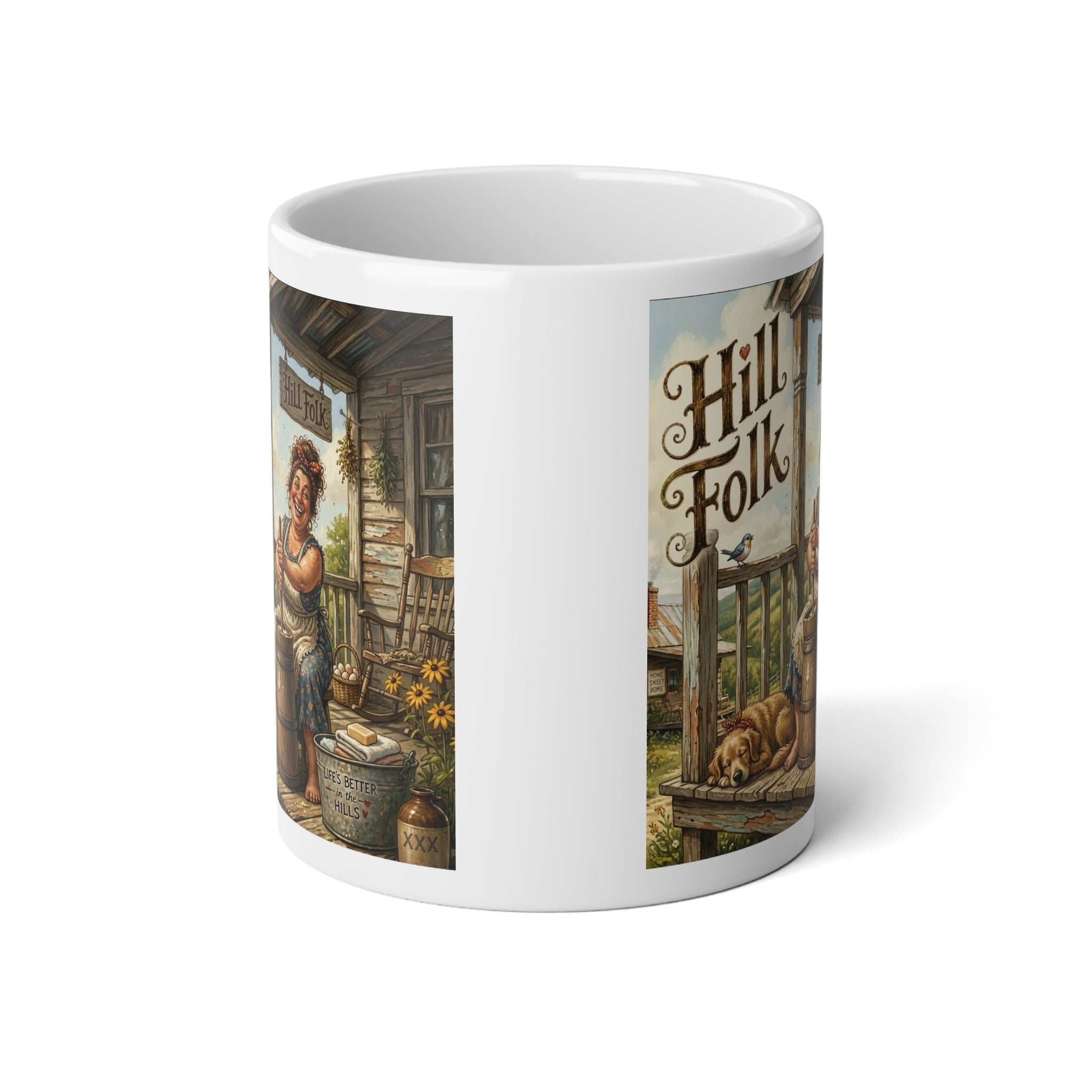Jumbo Mug — 'Hill Folk' Country Porch butter churn  Scene 20oz Ceramic Coffee Cup