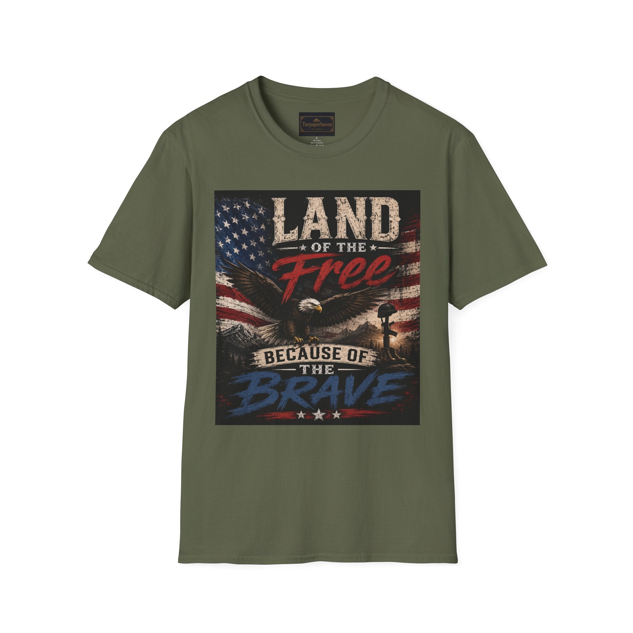 Land of the Free T‑Shirt — Vintage American Flag & Bald Eagle "Because of the Brave"