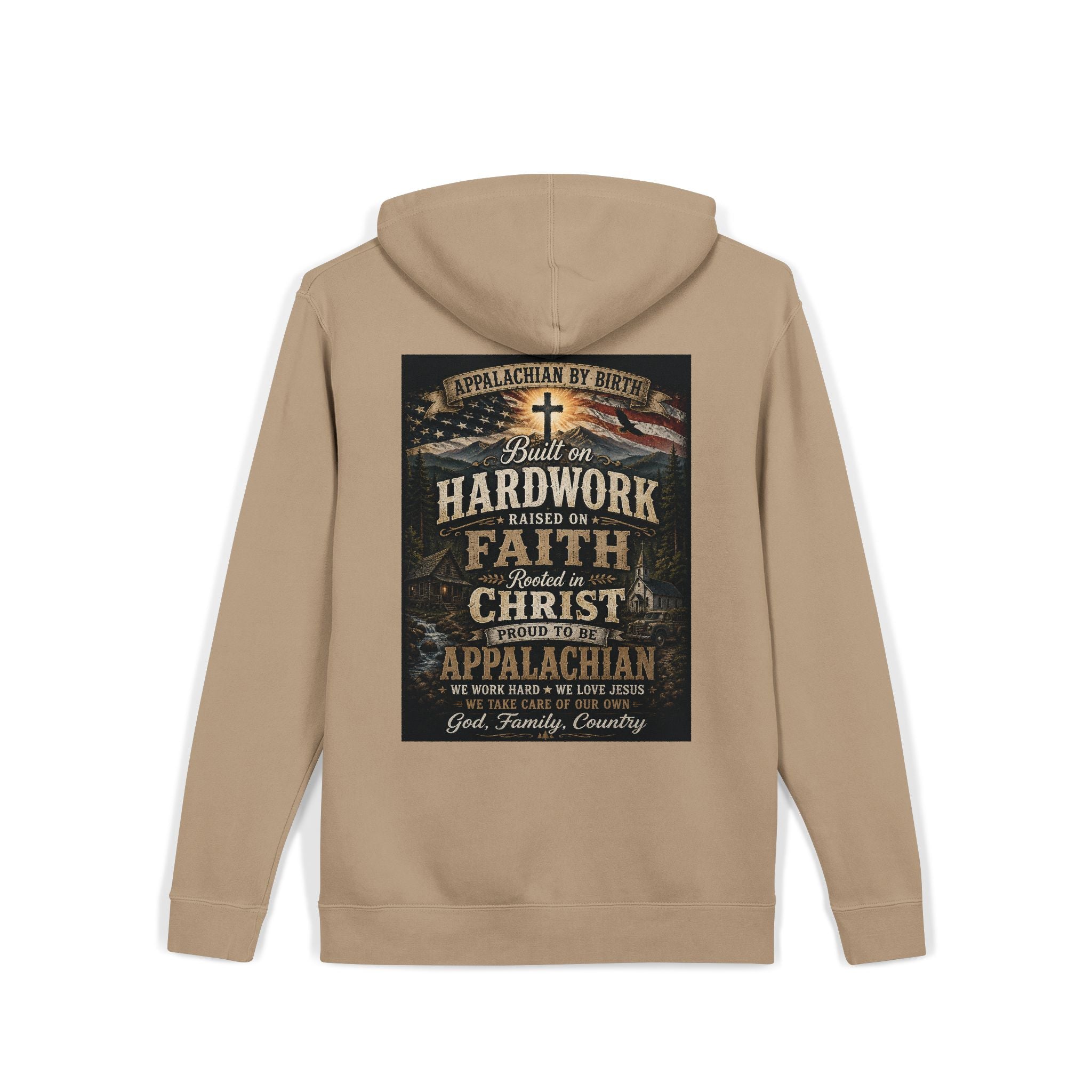 Appalachian Faith Hoodie — "Too Country to Care" Pigment-Dyed Pullover
