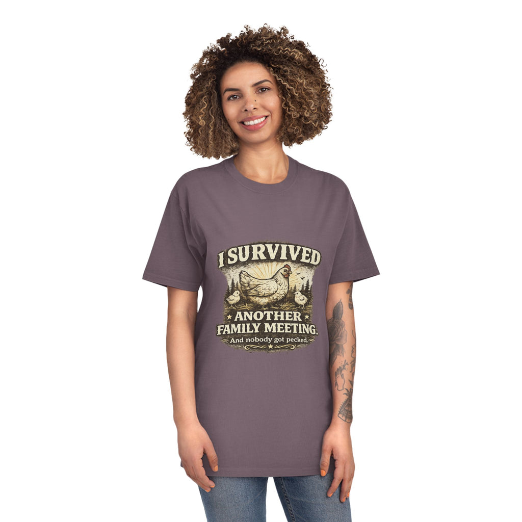 T-Shirt — "I Survived Another Family Meeting" Vintage Chicken Humor Tee