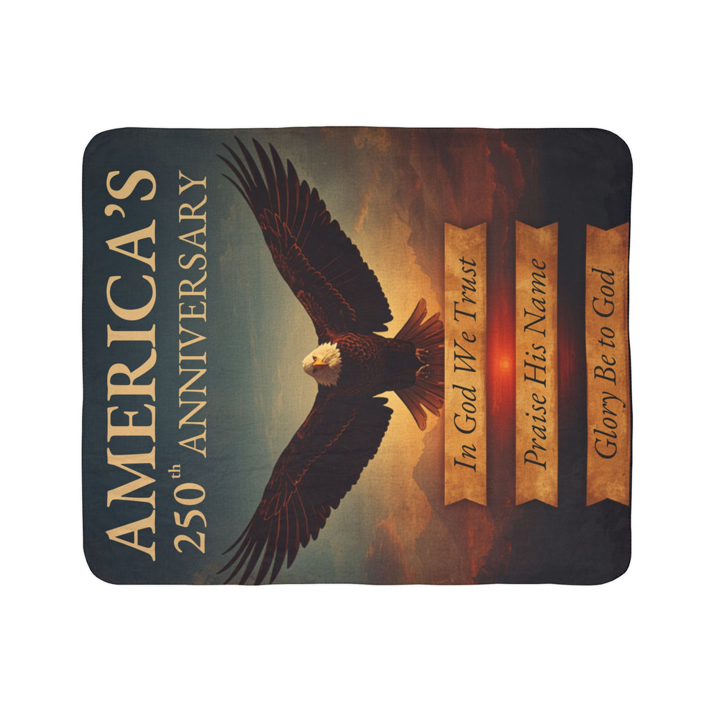 America's 250th Anniversary Sherpa Blanket — Patriotic Bald Eagle Fleece with 'In God We Trust' Text