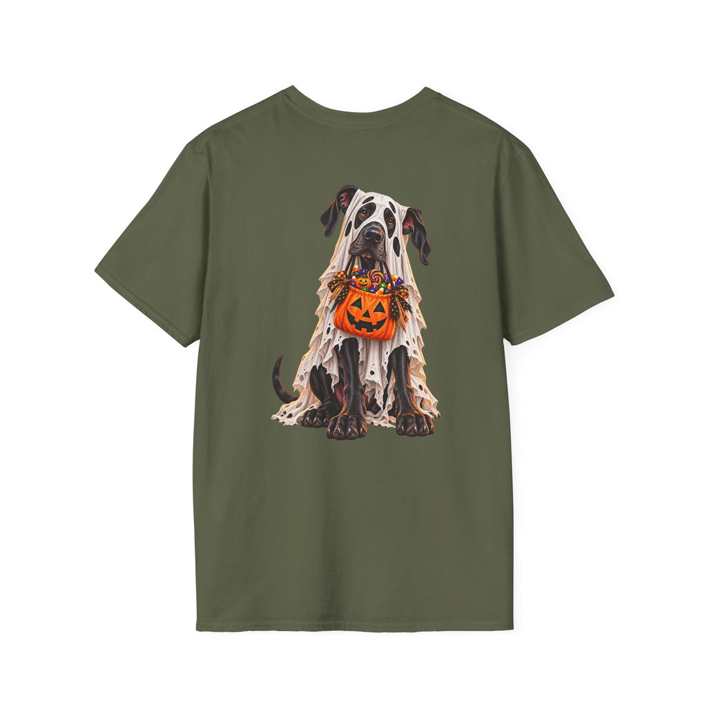 Halloween Dog T-Shirt — Great Dane with Pumpkin Candy Pail
