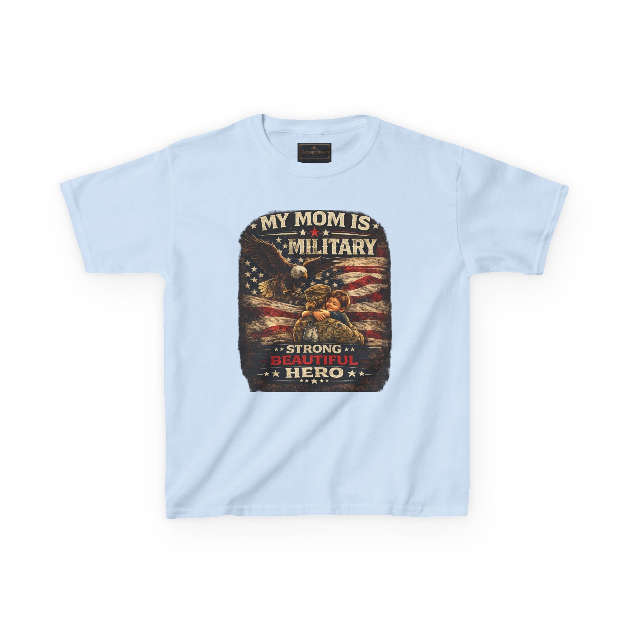 Kids Tee — "My Mom Is Military" Patriotic American Flag Shirt
