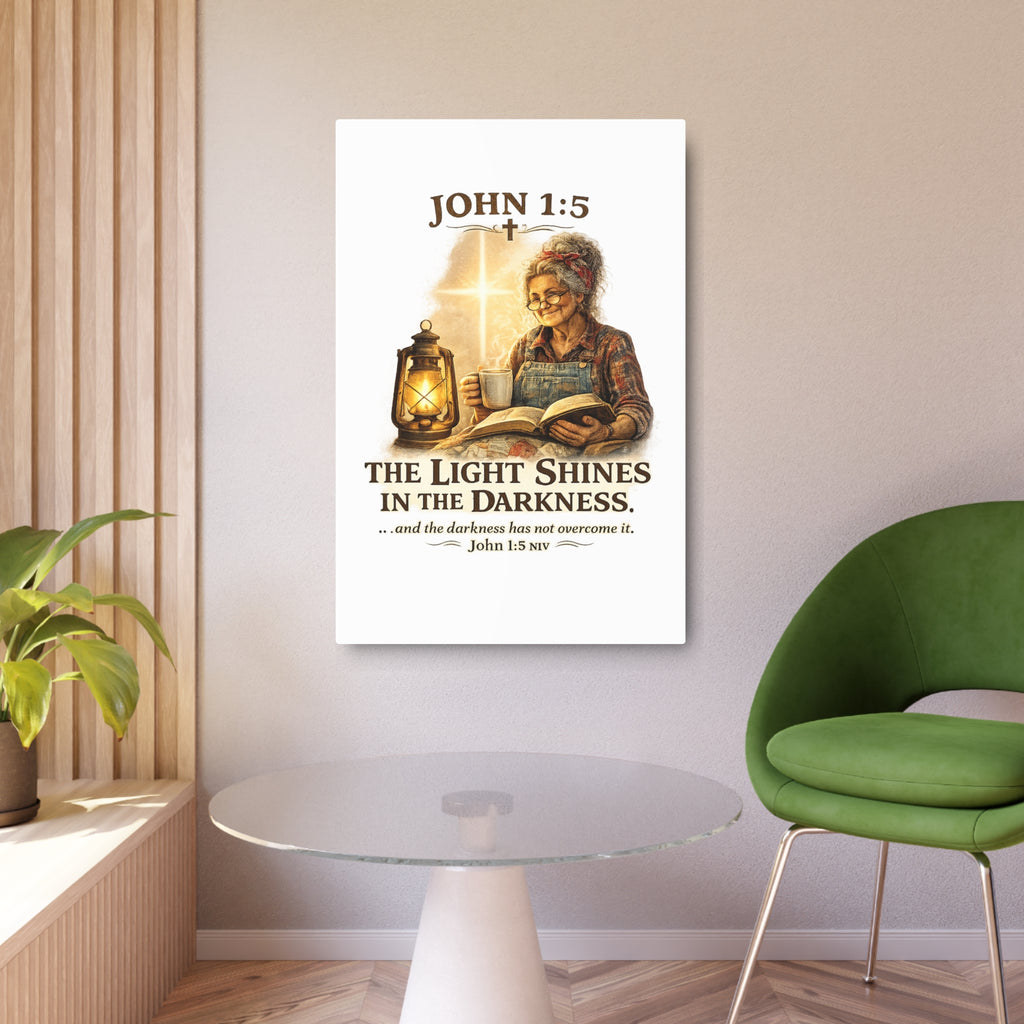 Metal Sign – John 1:5 "The Light Shines in the Darkness" Inspirational Christian Wall Art